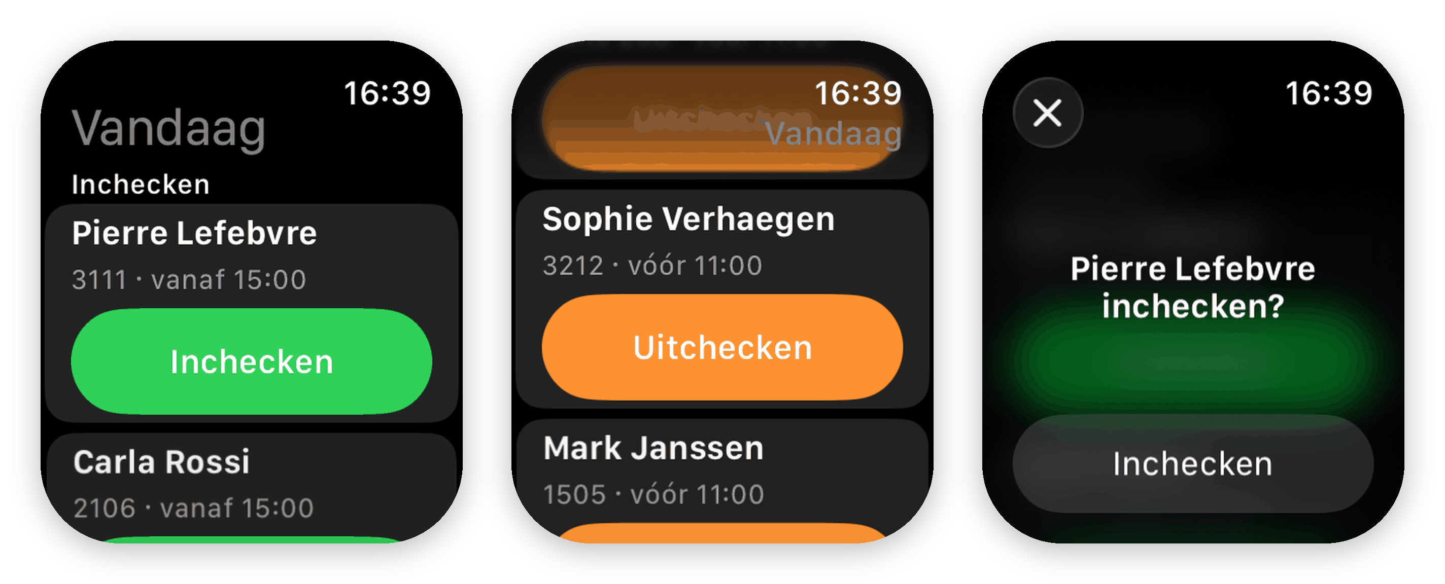 De Watch-app: de lijst van vandaag, de sectie Uitchecken en de bevestiging vóór het inchecken