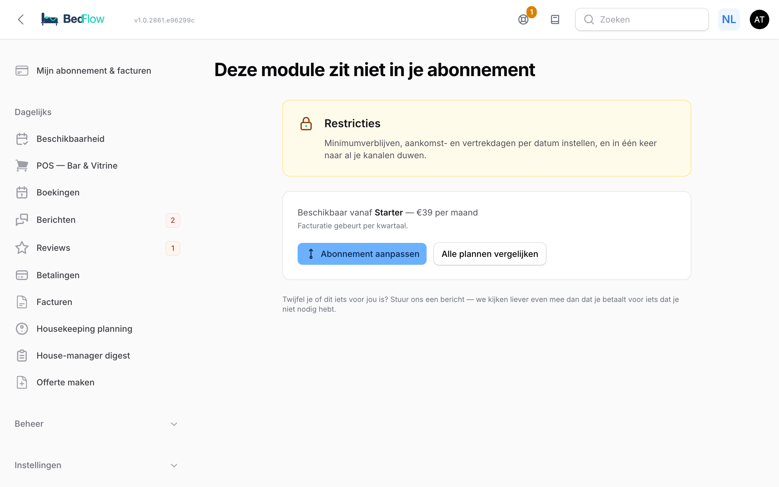 De upgradepagina met uitleg over de module en het plan dat ze openzet