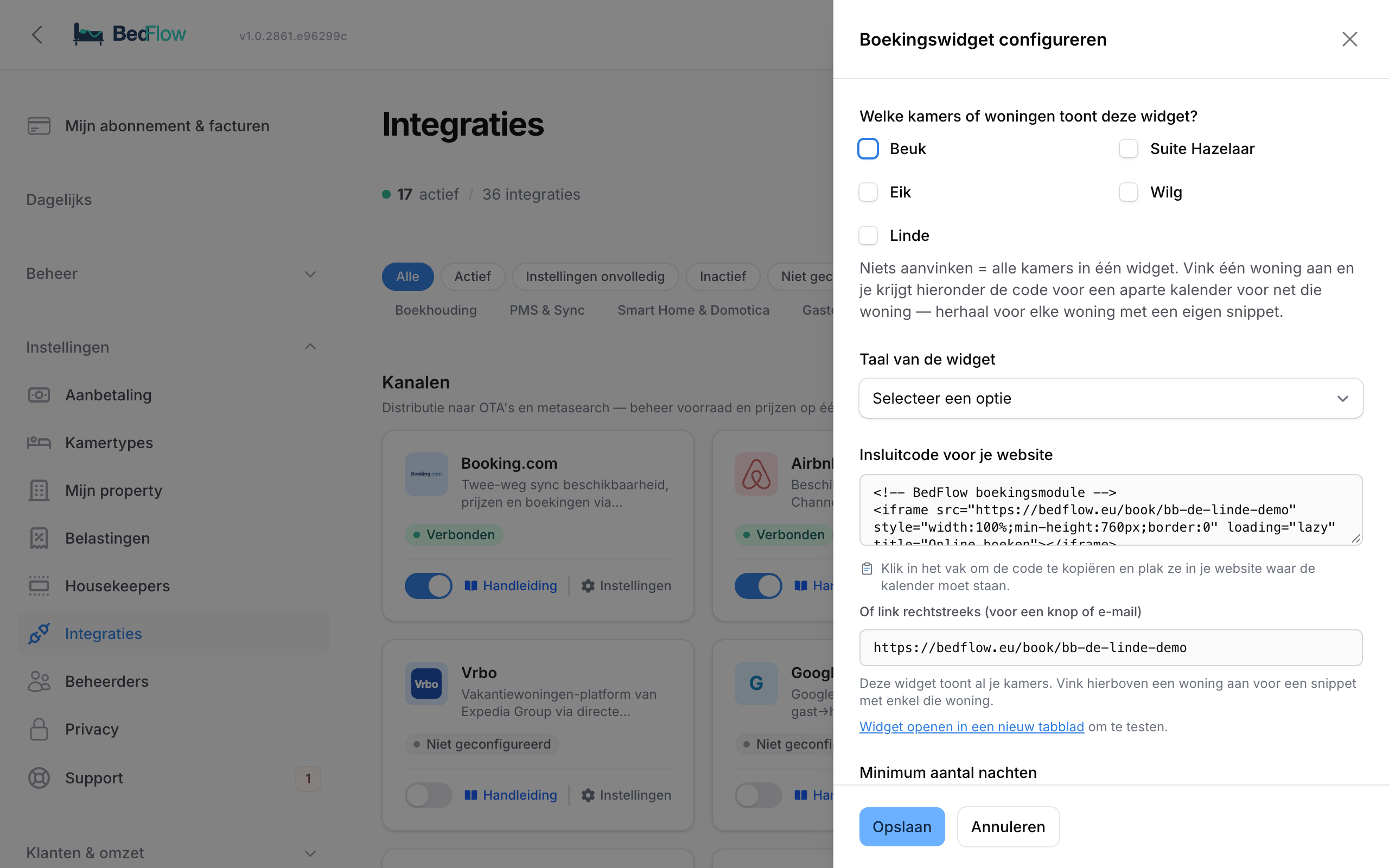 Het venster Booking Widget configureren met kamers, taal, insluitcode en boekingsgrenzen