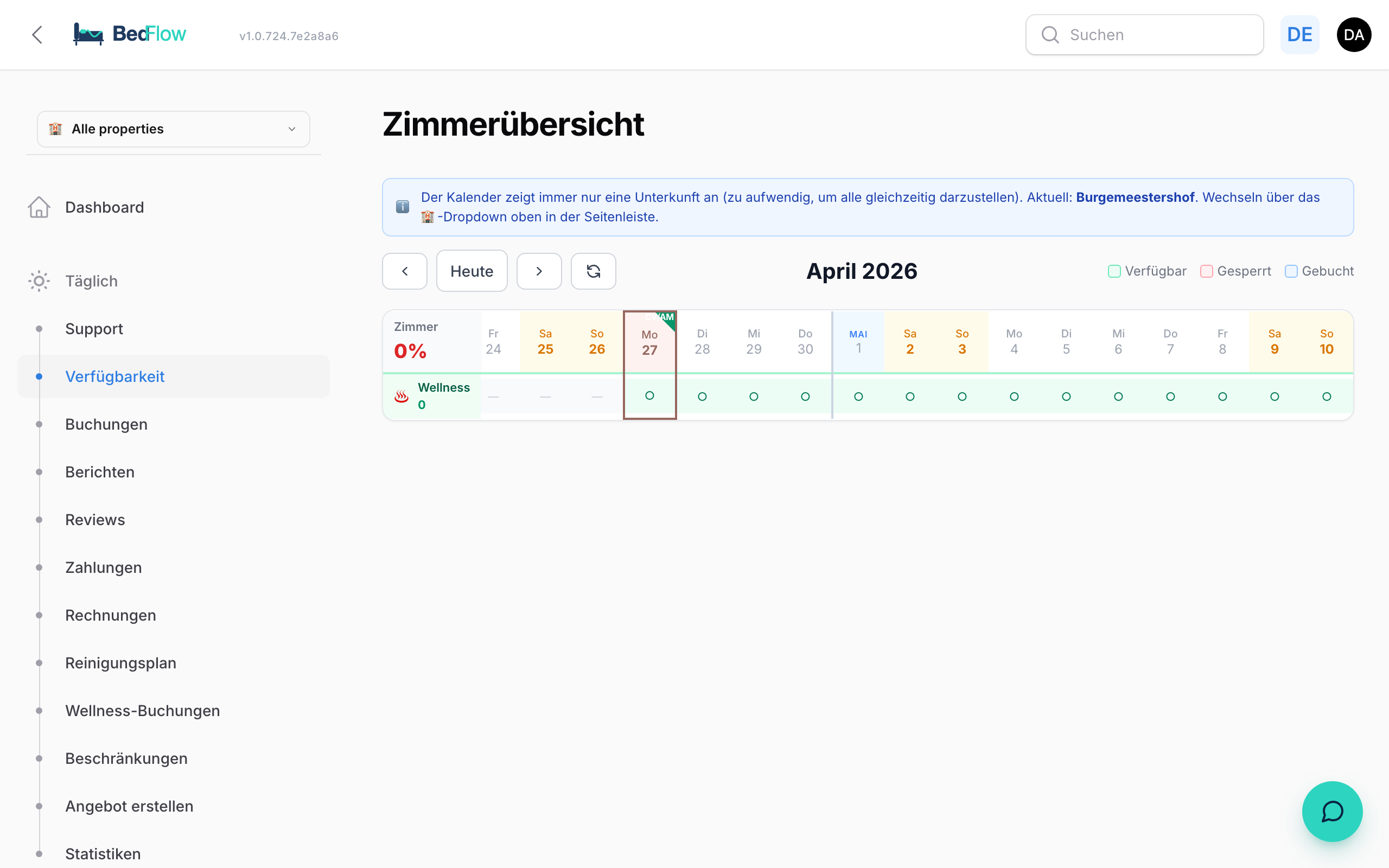 Die Zimmerübersicht — Startseite nach der Anmeldung