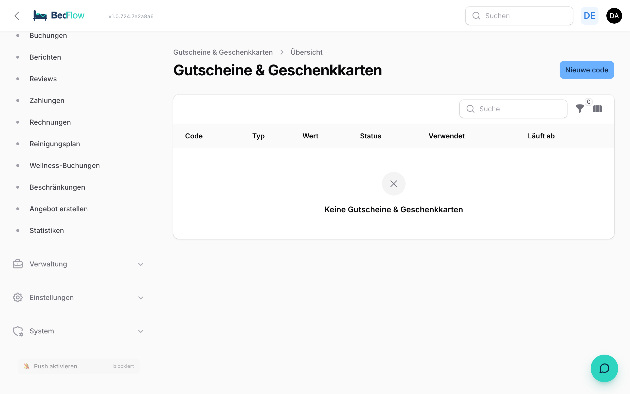Liste der Gutscheine mit Status und Restsaldo