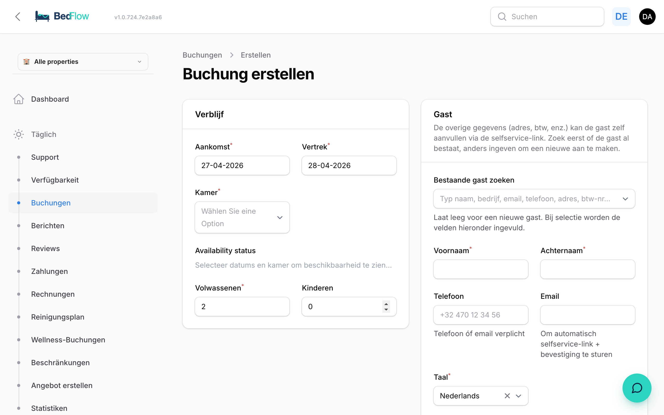 Das Buchungs-Anlegeformular — Aufenthalt, Gast, Sprache und Notizen