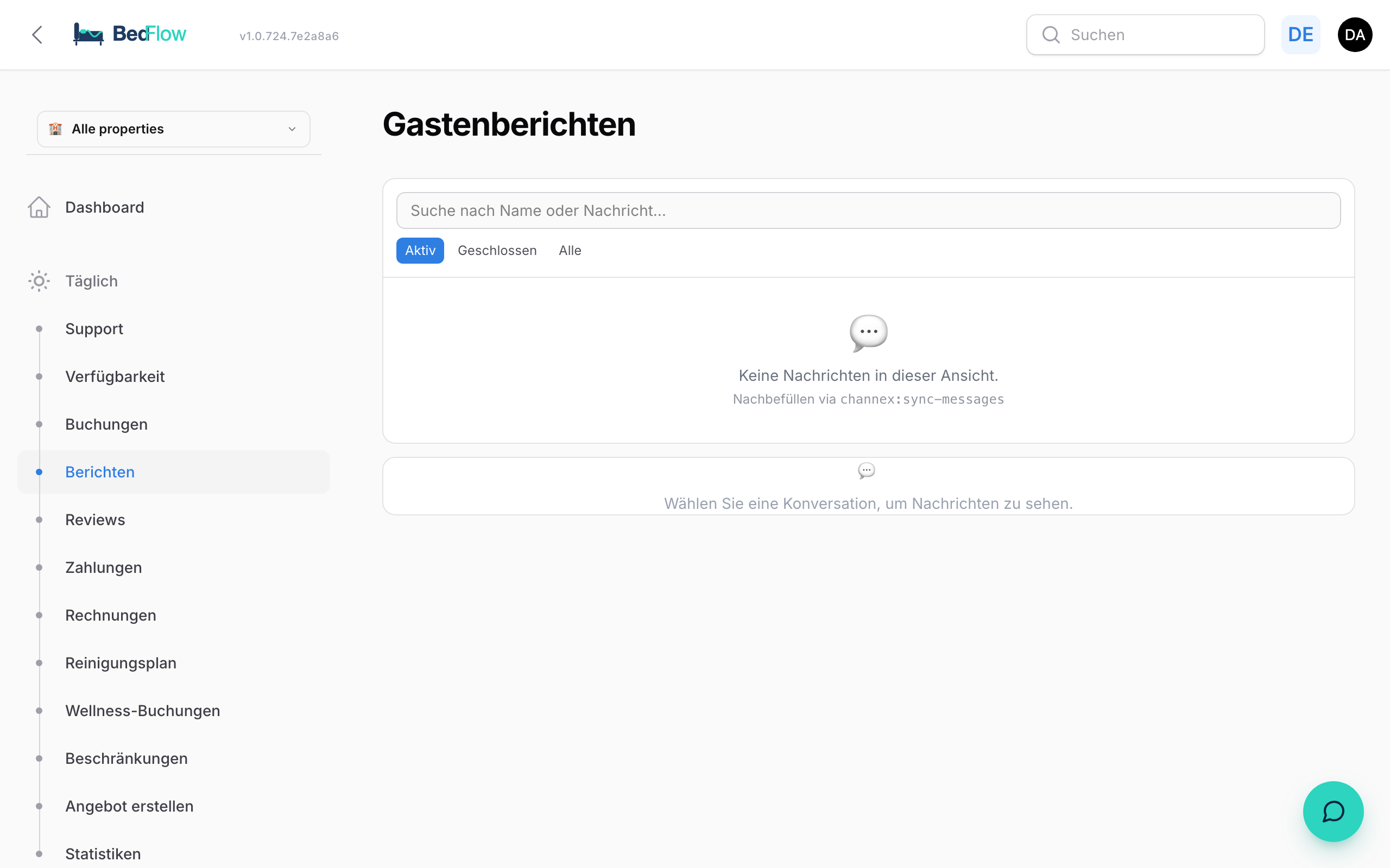 Der Gäste-Posteingang mit Konversationen links und Chatfenster rechts