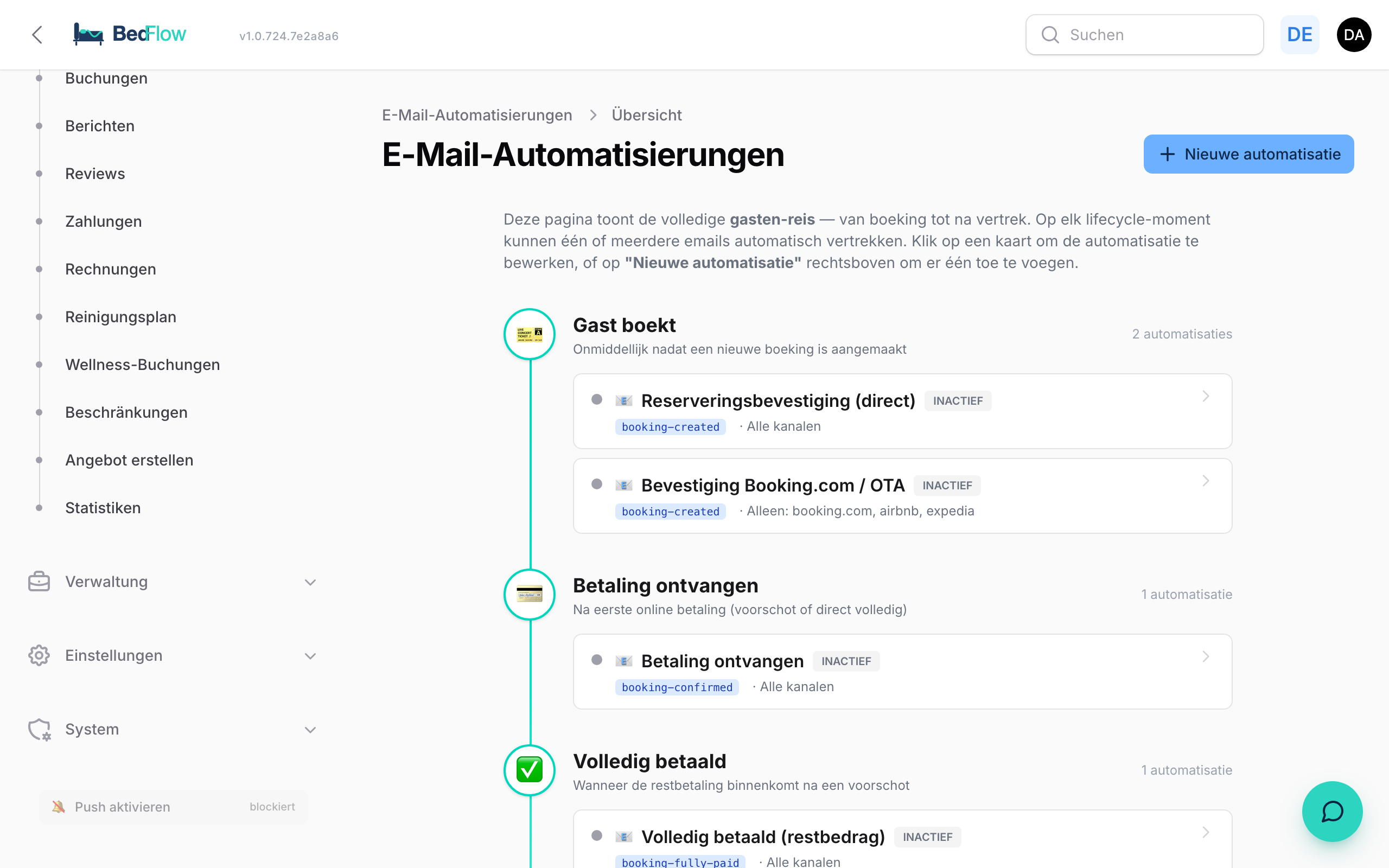 Liste der E-Mail-Automatisierungen mit Triggern und Kanalfiltern