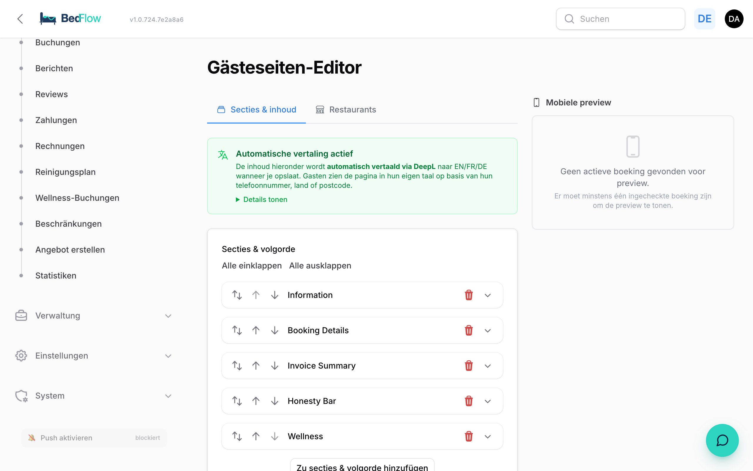 Der Gästeseiten-Editor mit Inhaltsabschnitten pro Sprache