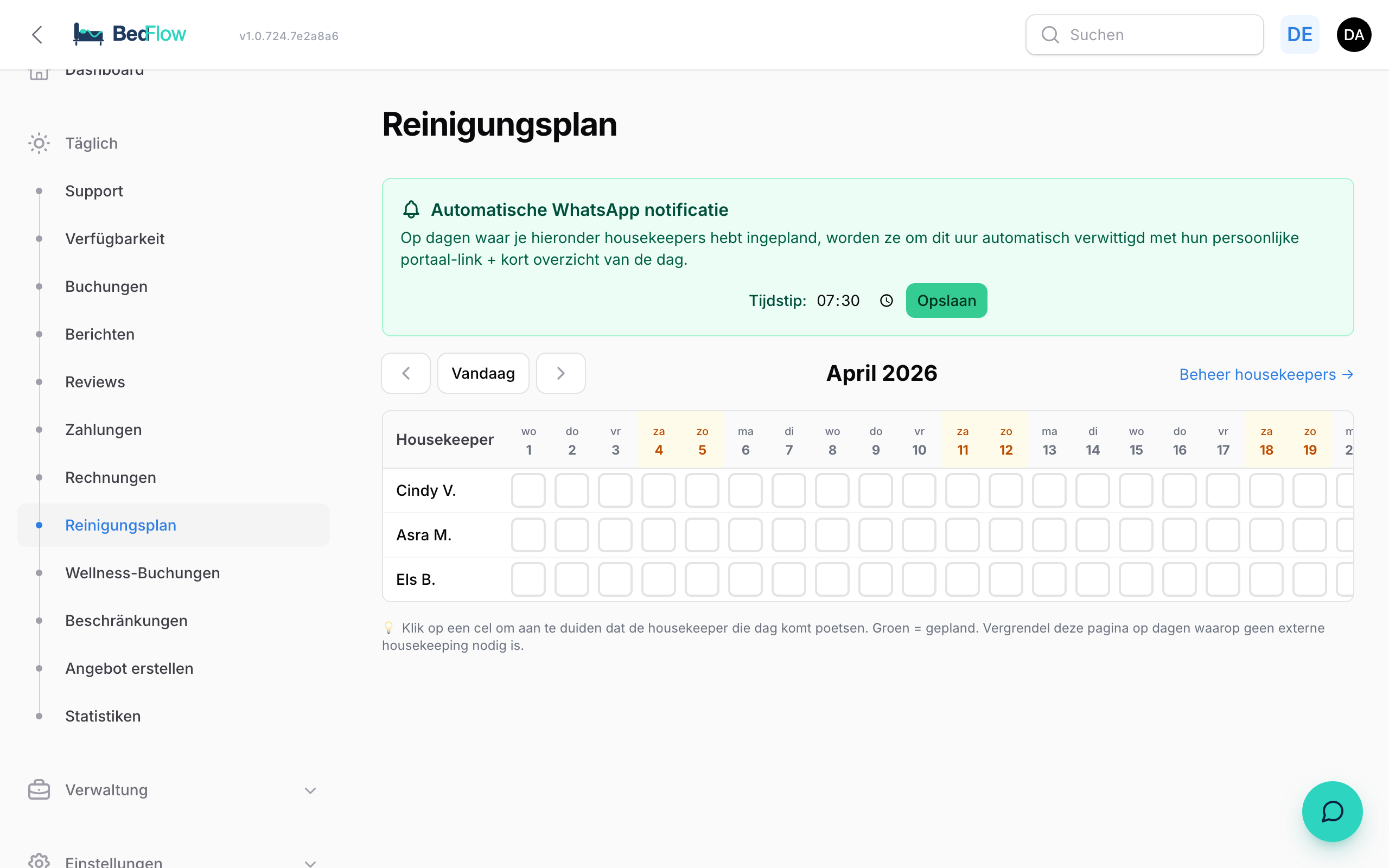 Housekeeping-Planungskalender mit Arbeitstagen pro Person