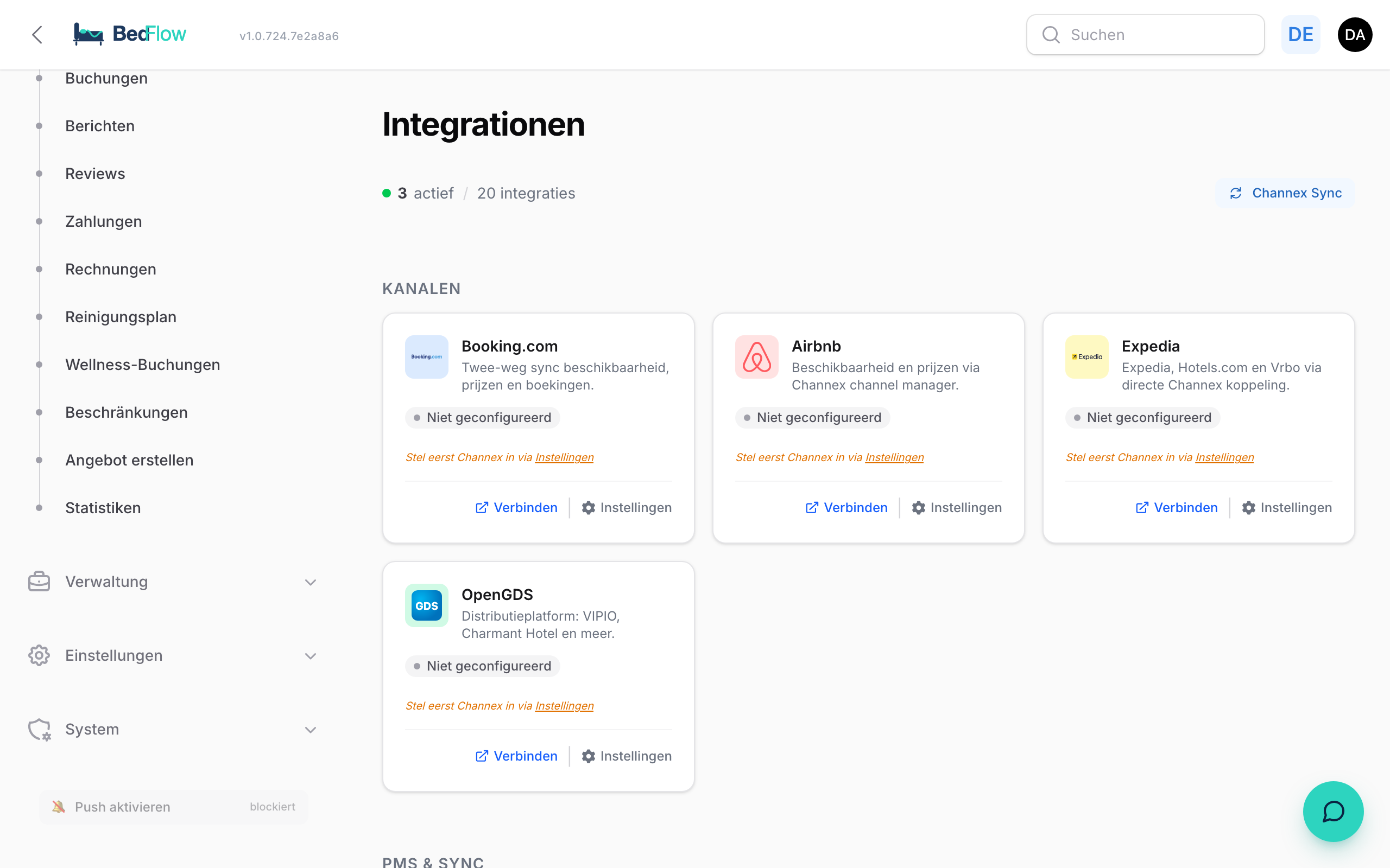Integrations-Dashboard mit Kategorien und Status