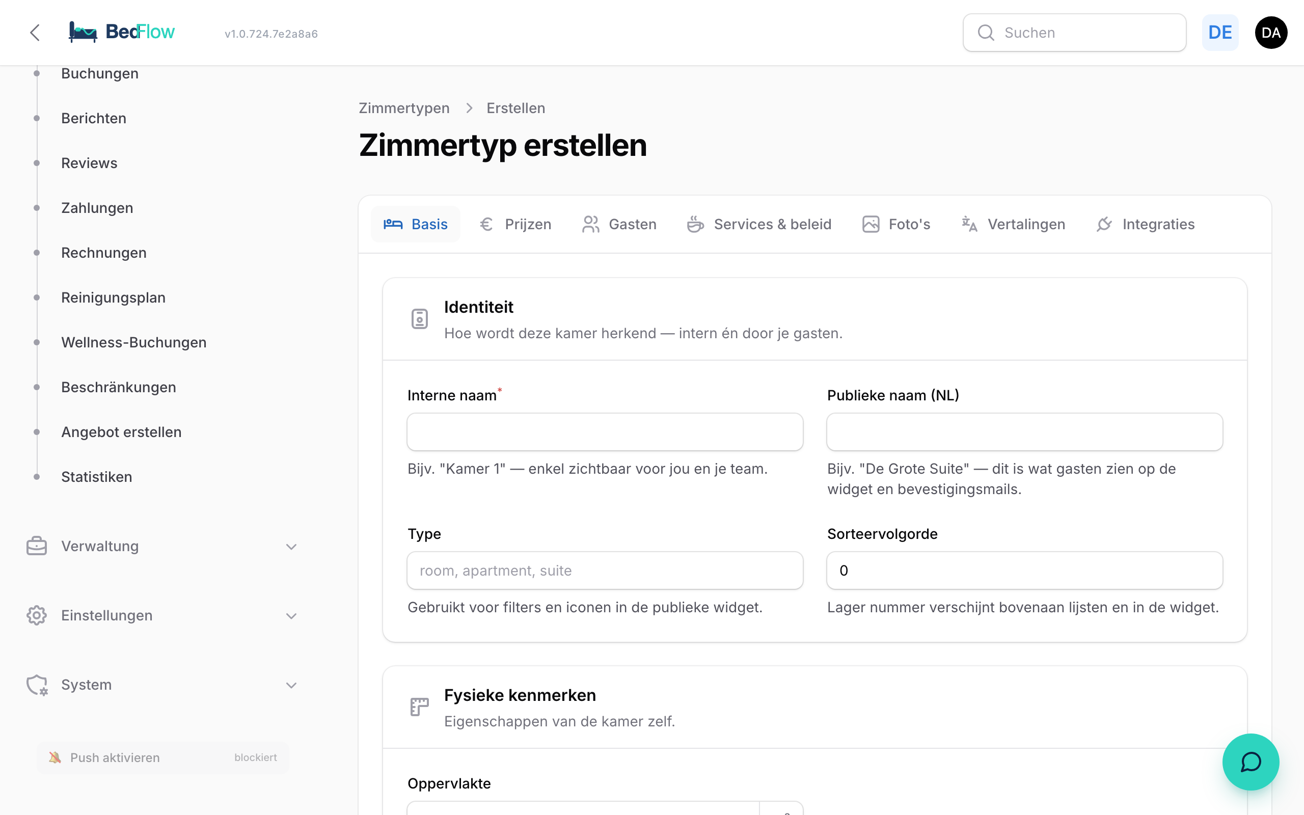 Das Formular zum Anlegen eines Zimmers