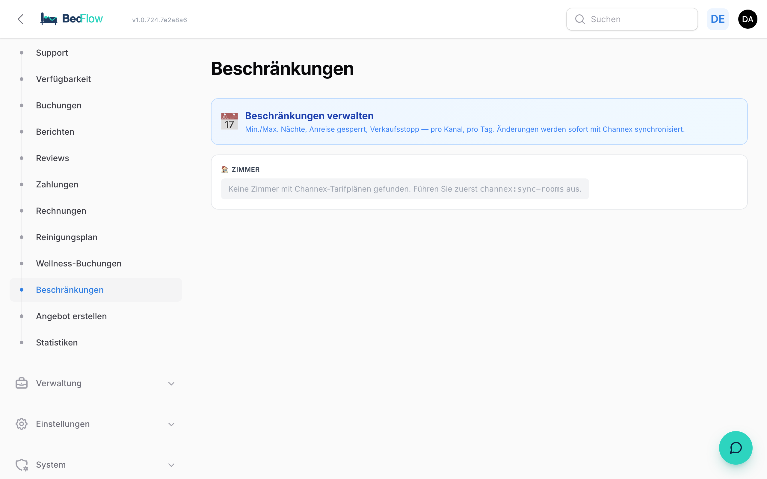 Das Restriktions-Dashboard mit Blockaden pro Zimmer und Datum