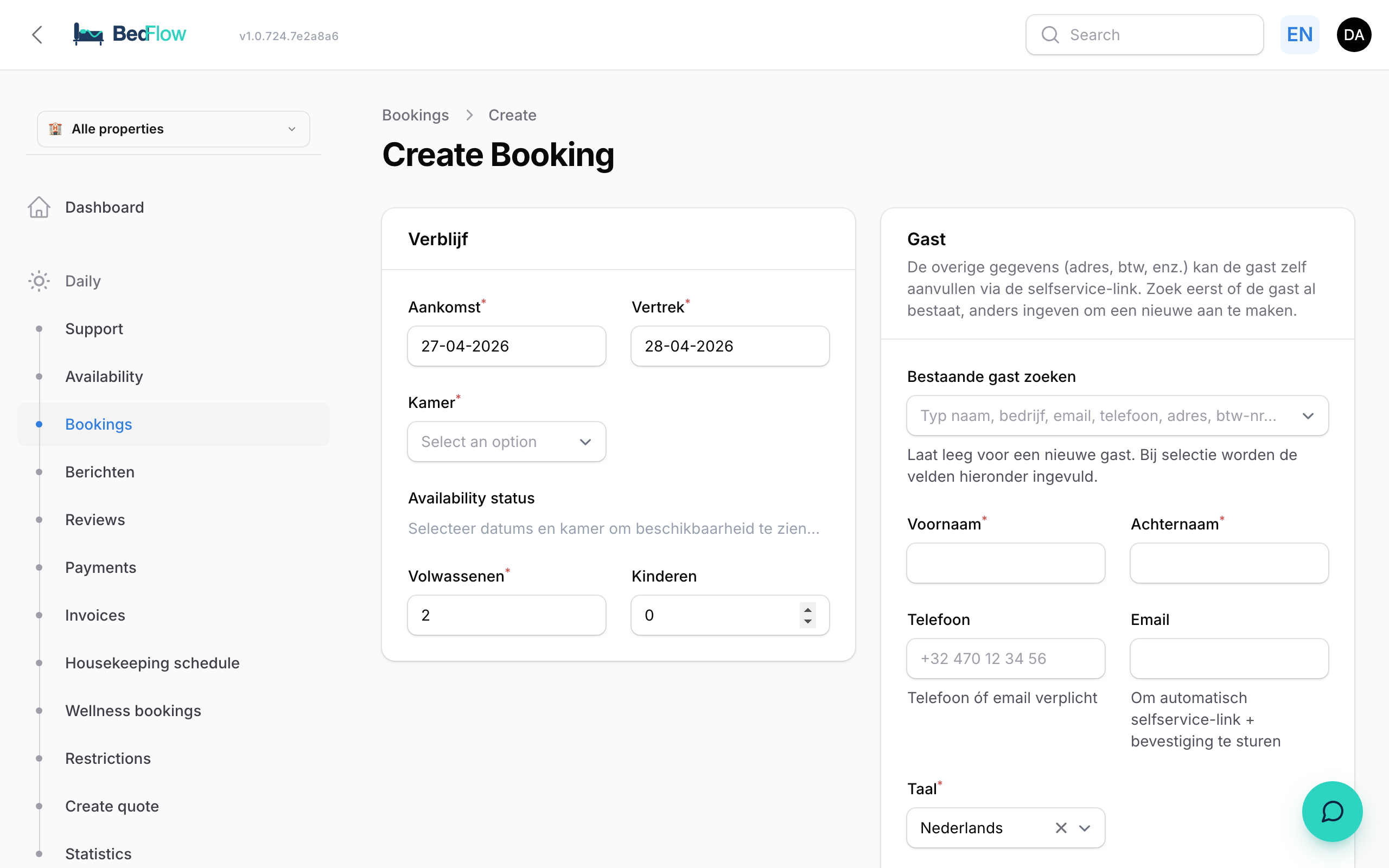 The booking creation form — stay, guest, language and notes