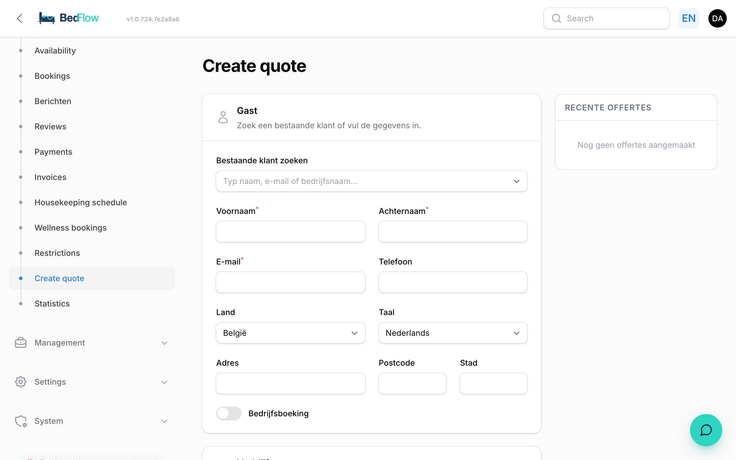 The quote form with stay, rooms, extras and guest