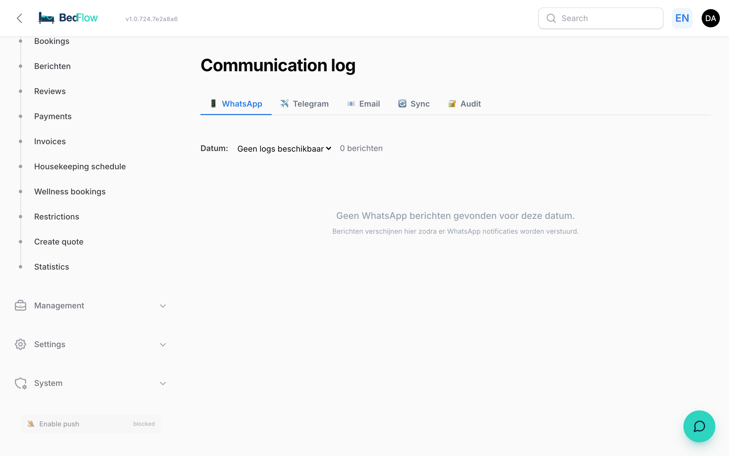 Communication log with emails, WhatsApp and Telegram messages