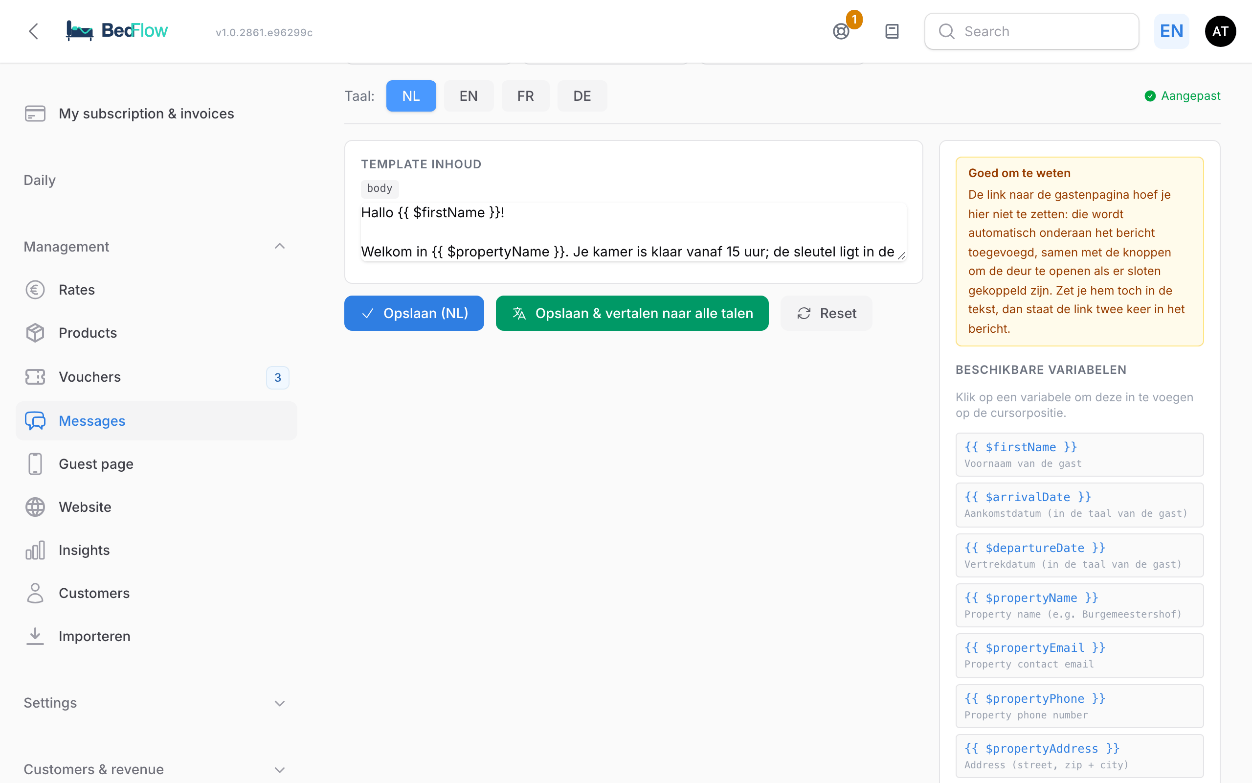 A WhatsApp template in the editor, with the variables and the preview as a chat message on the right