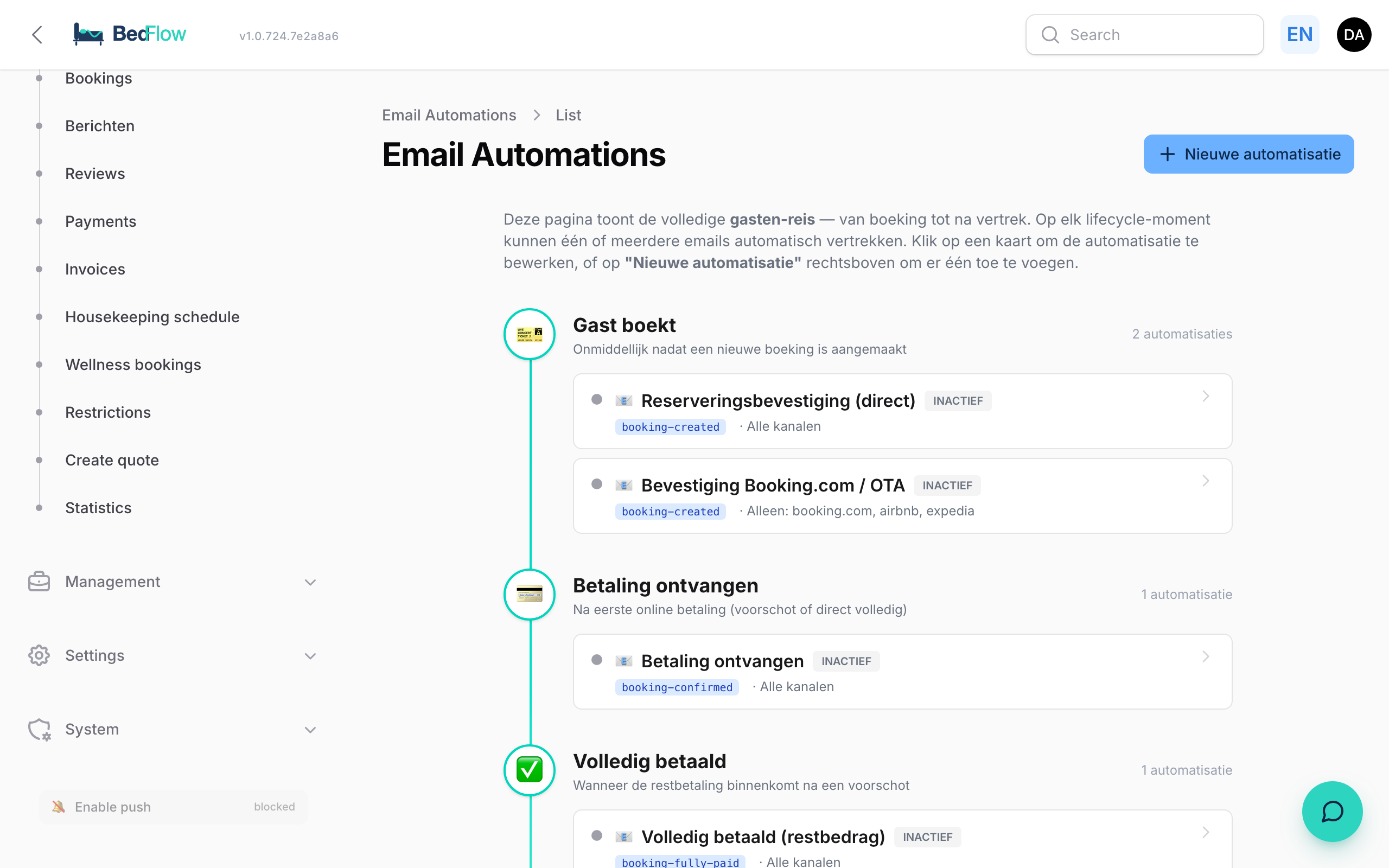 List of email automations with triggers and channel filters