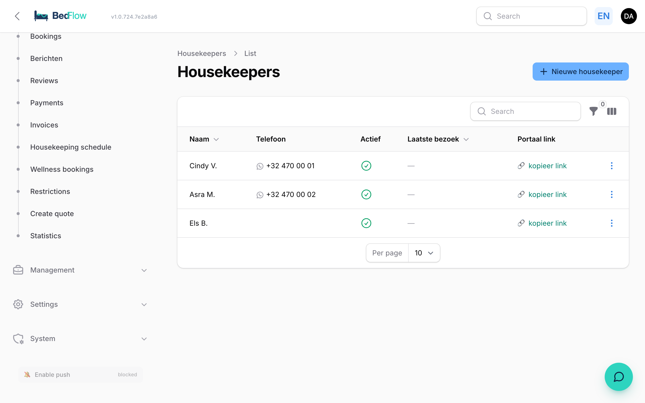 List of housekeepers with their name, phone and status