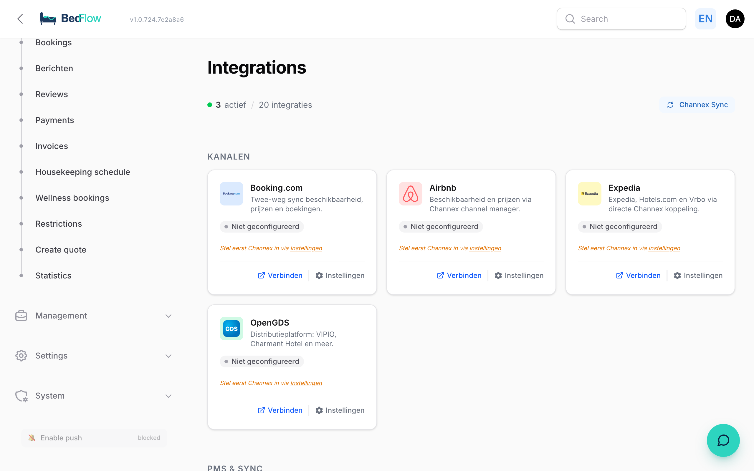 Integrations dashboard with categories and statuses