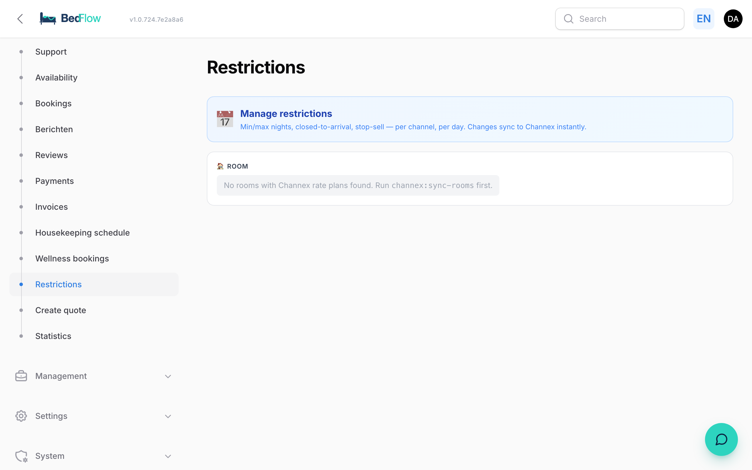 The restrictions dashboard with blocks per room and date
