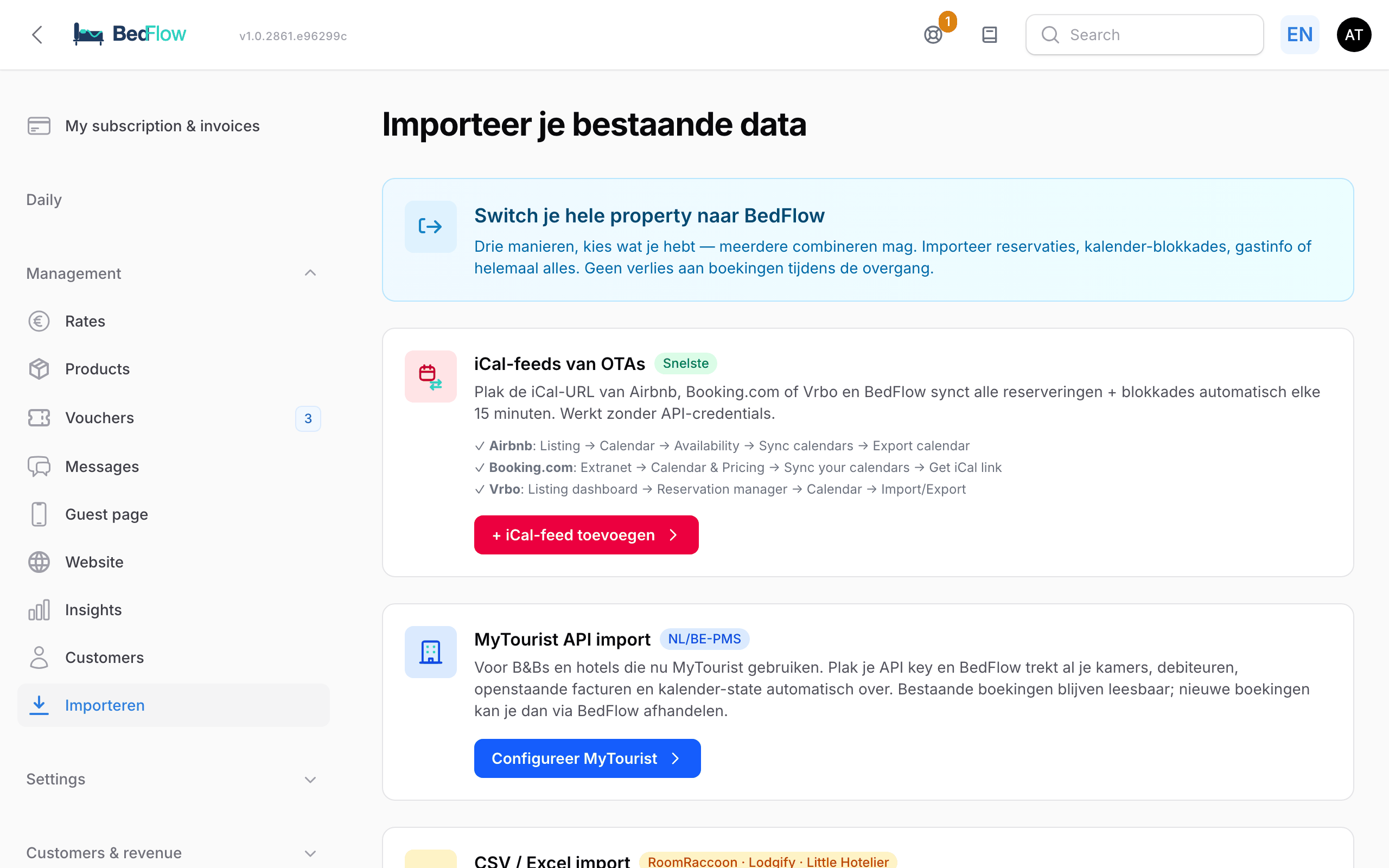 The Import your existing data page with four tiles