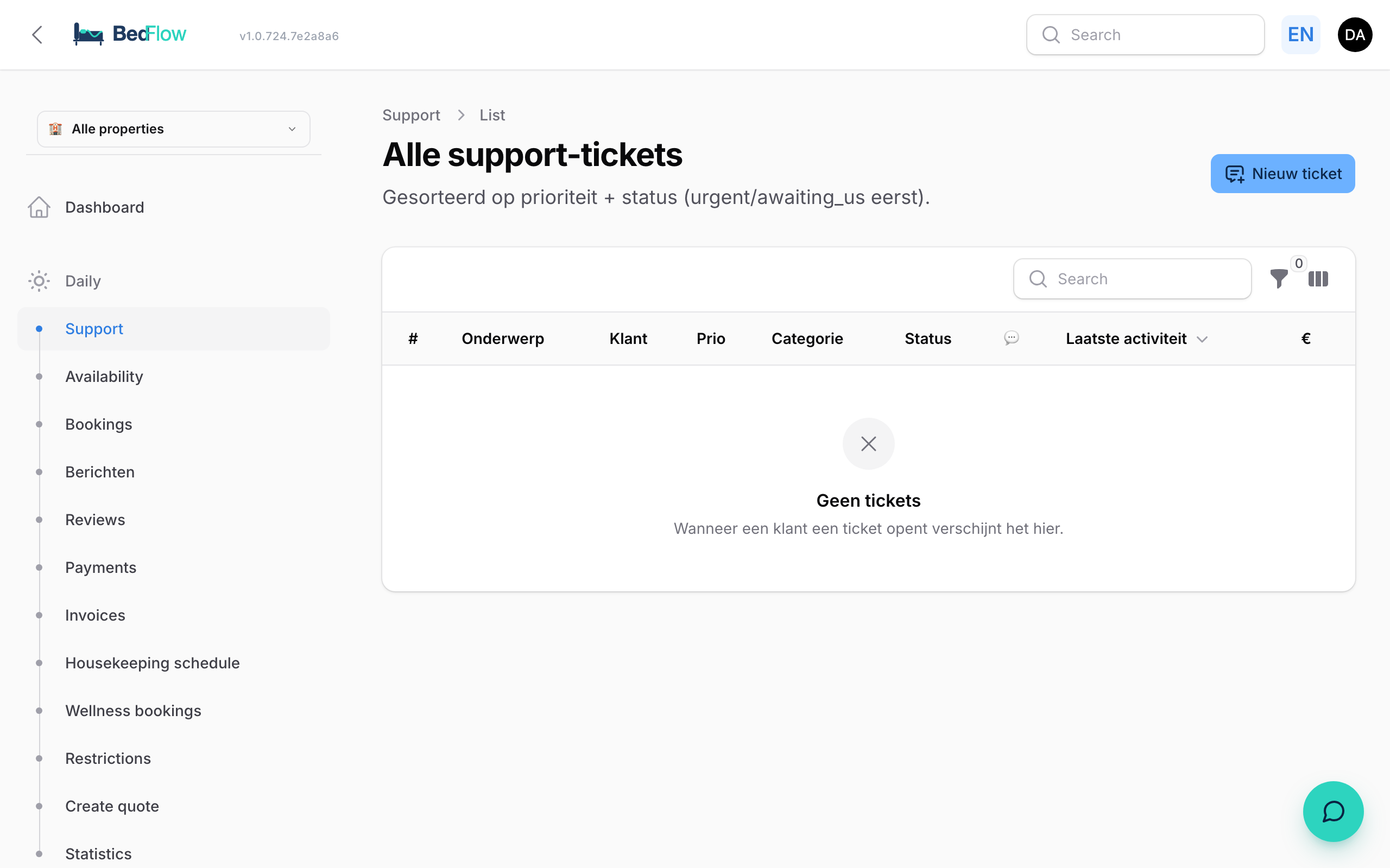 Tickets list with status, priority and category