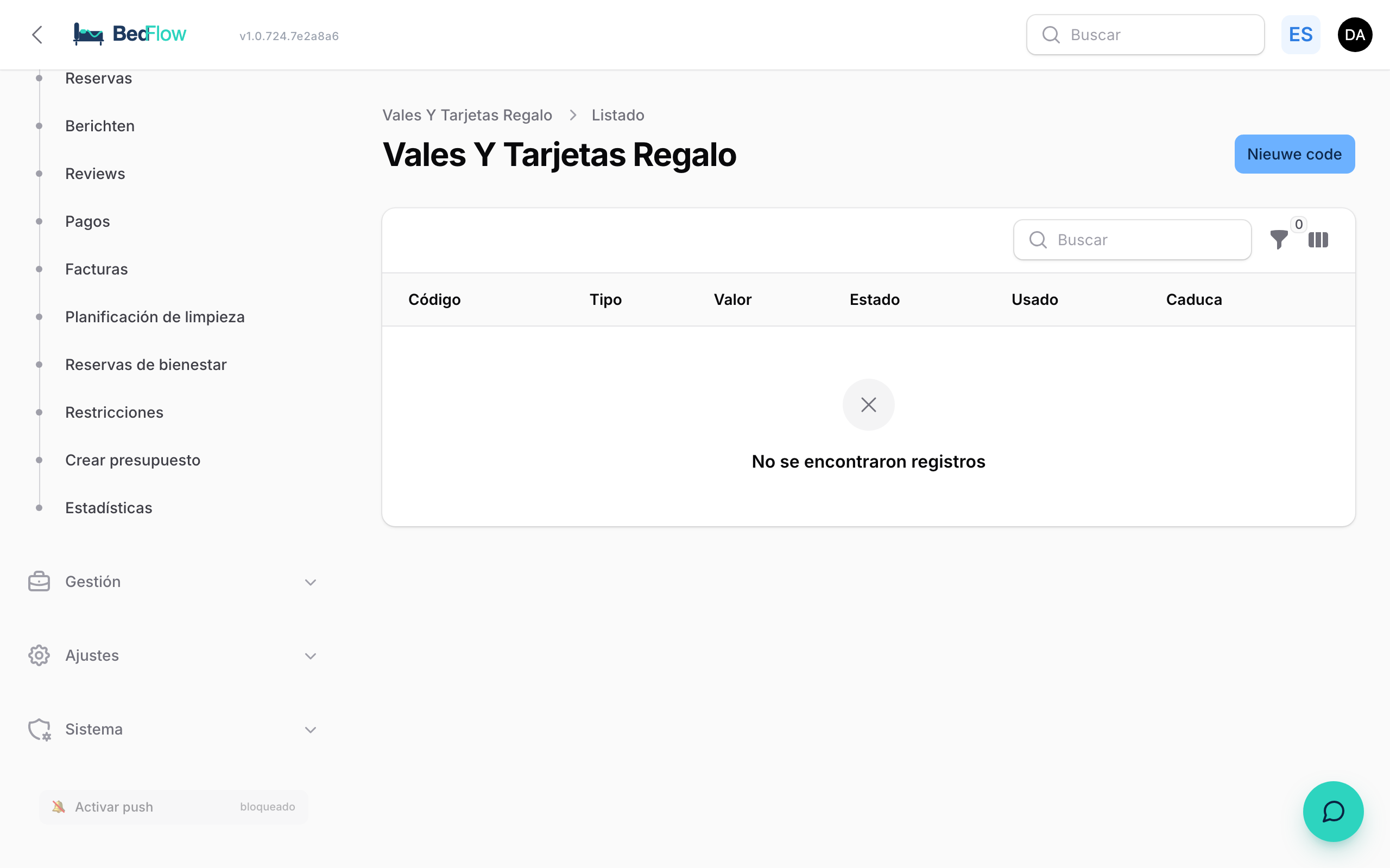 Lista de vales regalo con estado y saldo restante