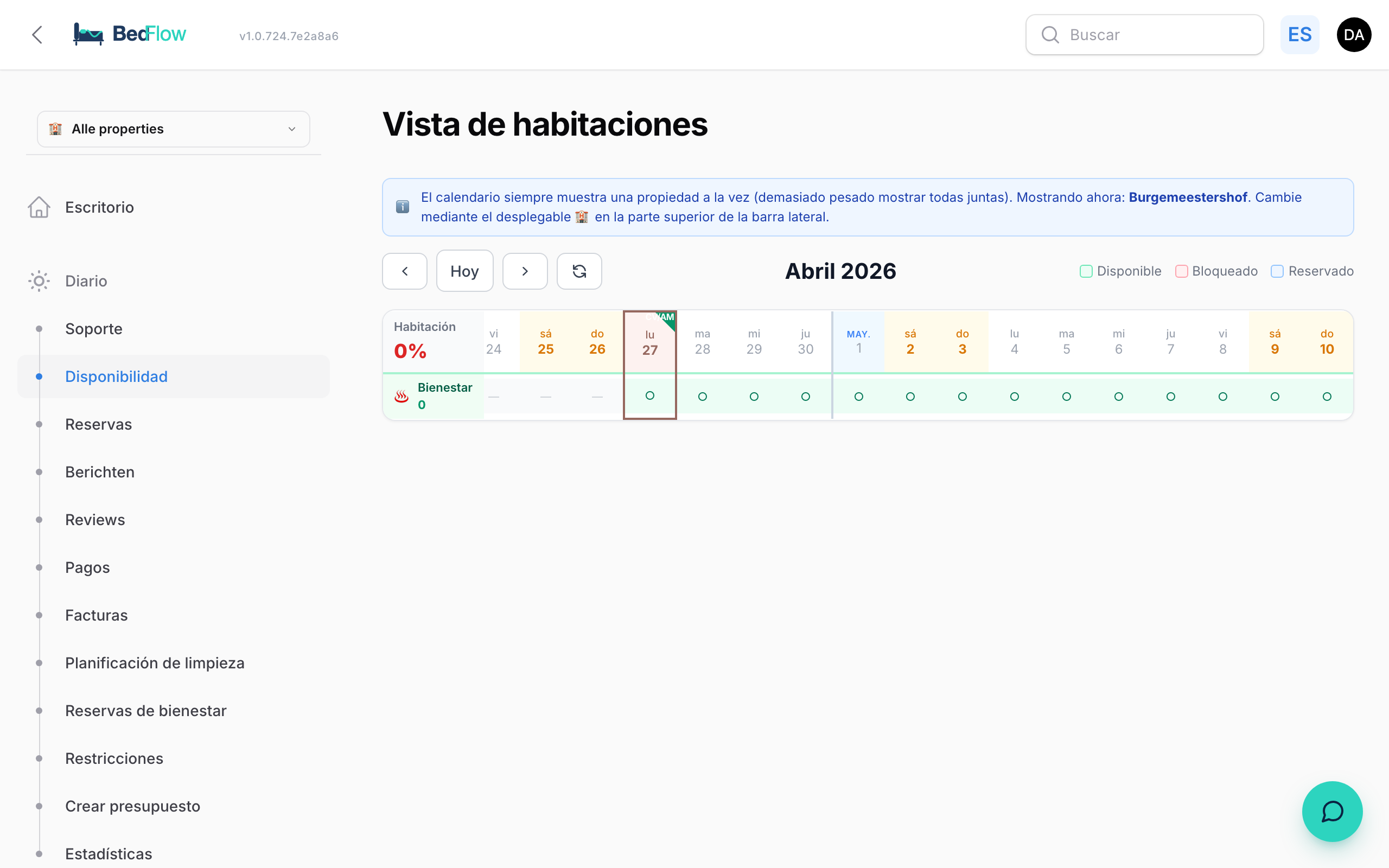 Vista general de habitaciones — calendario mensual con habitaciones frente a fechas