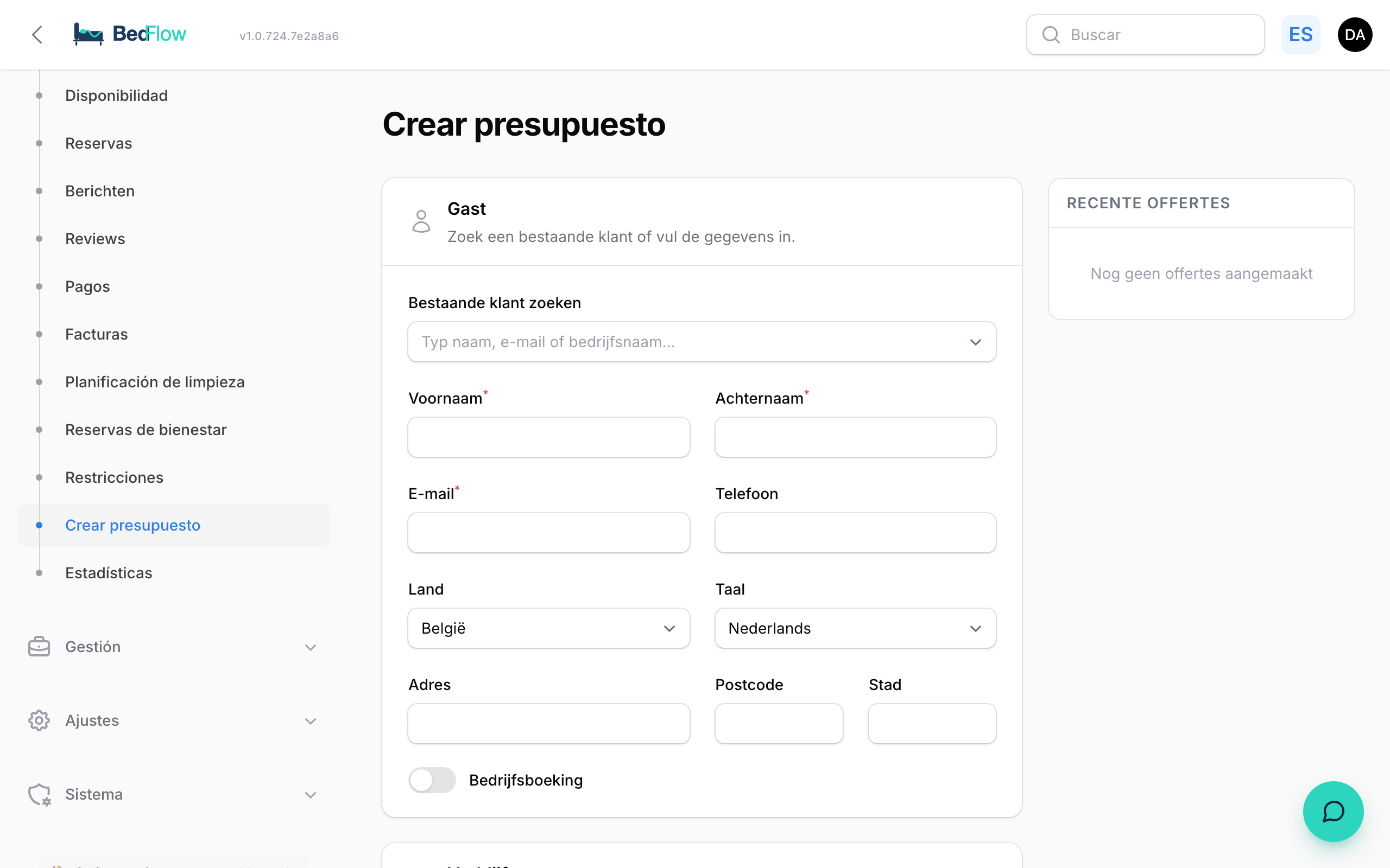 El formulario de presupuesto con estancia, habitaciones, extras y huésped
