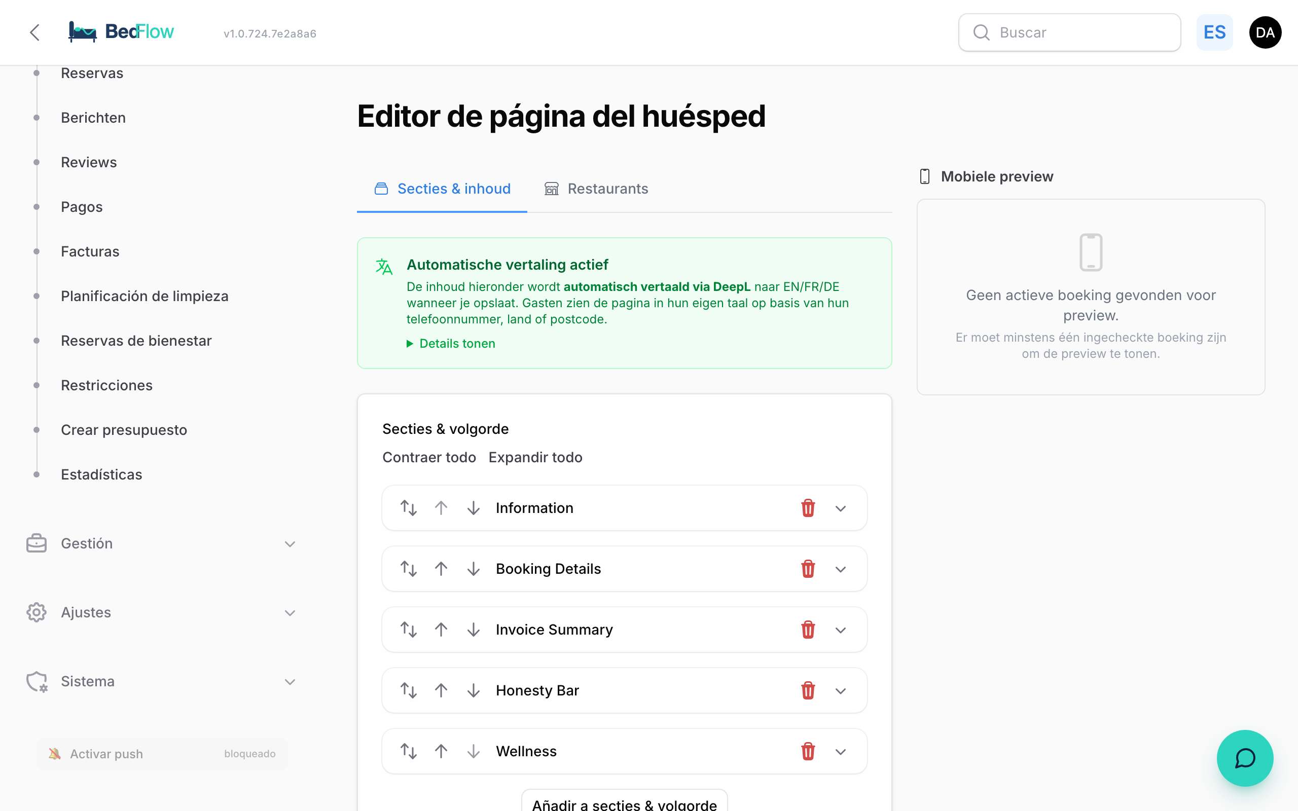 El editor de la página del huésped con secciones de contenido por idioma