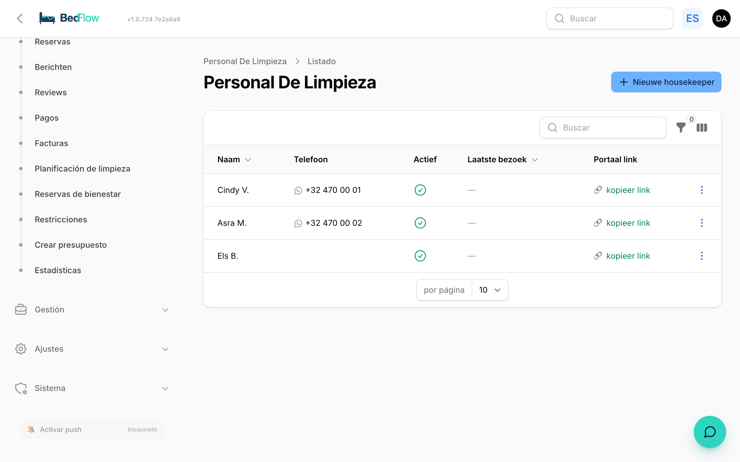 Lista de housekeepers con su nombre, teléfono y estado