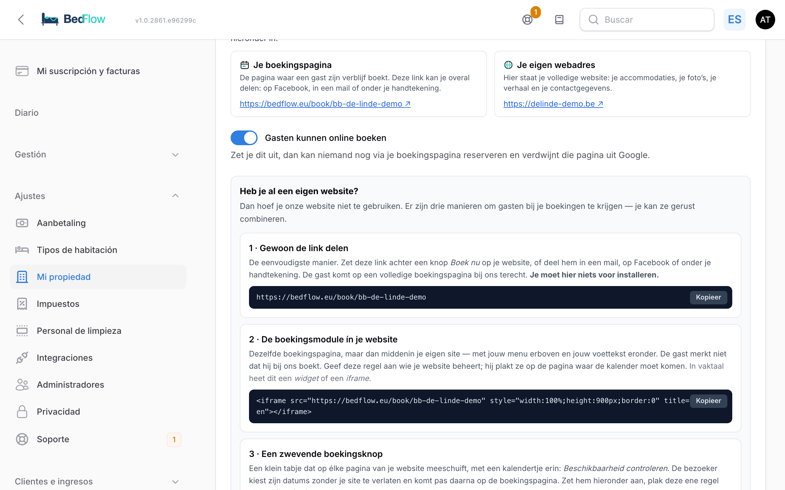 La sección Sitio web y página de reservas con los registros DNS y la lista de comprobación