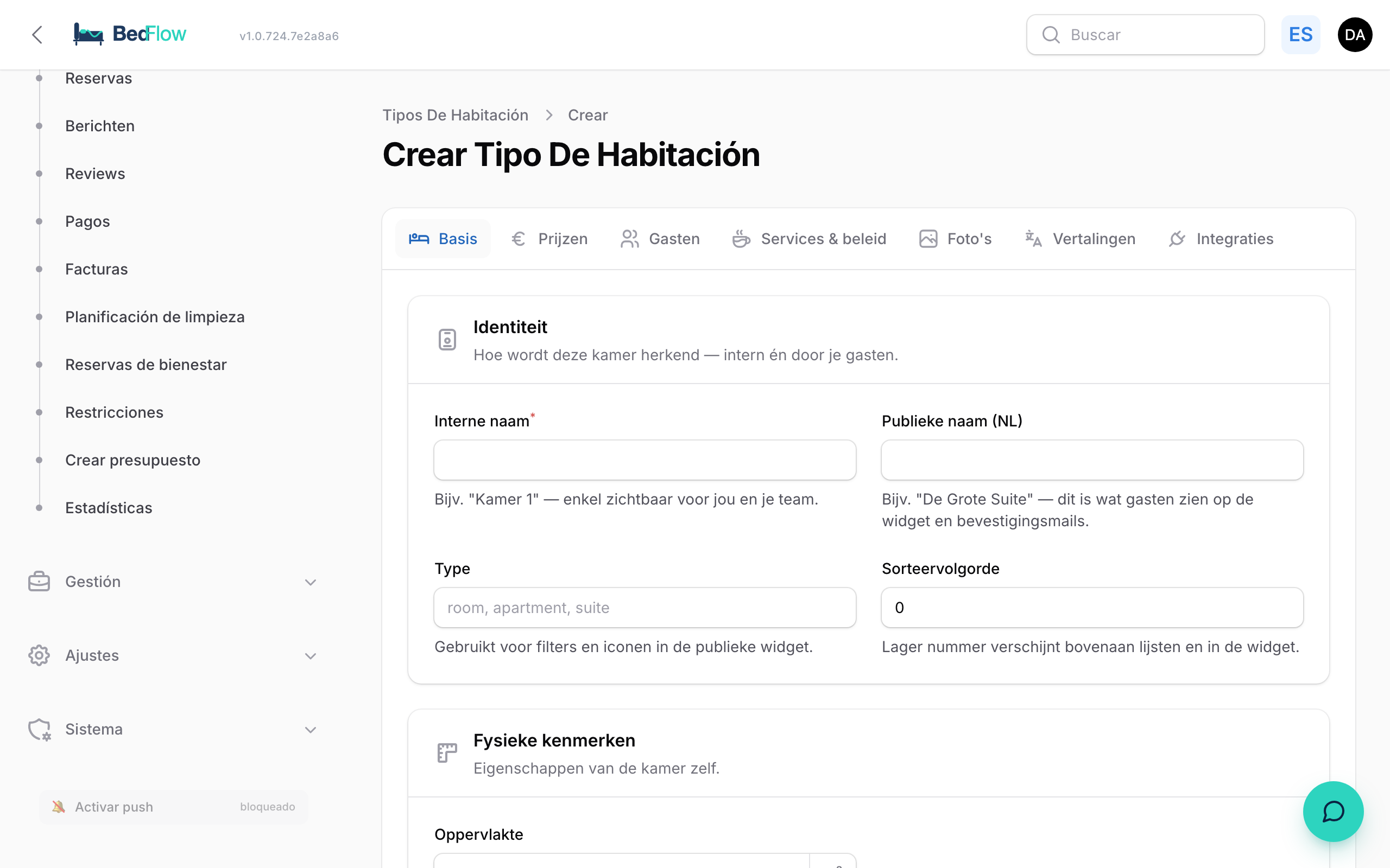 Formulario de creación de habitación