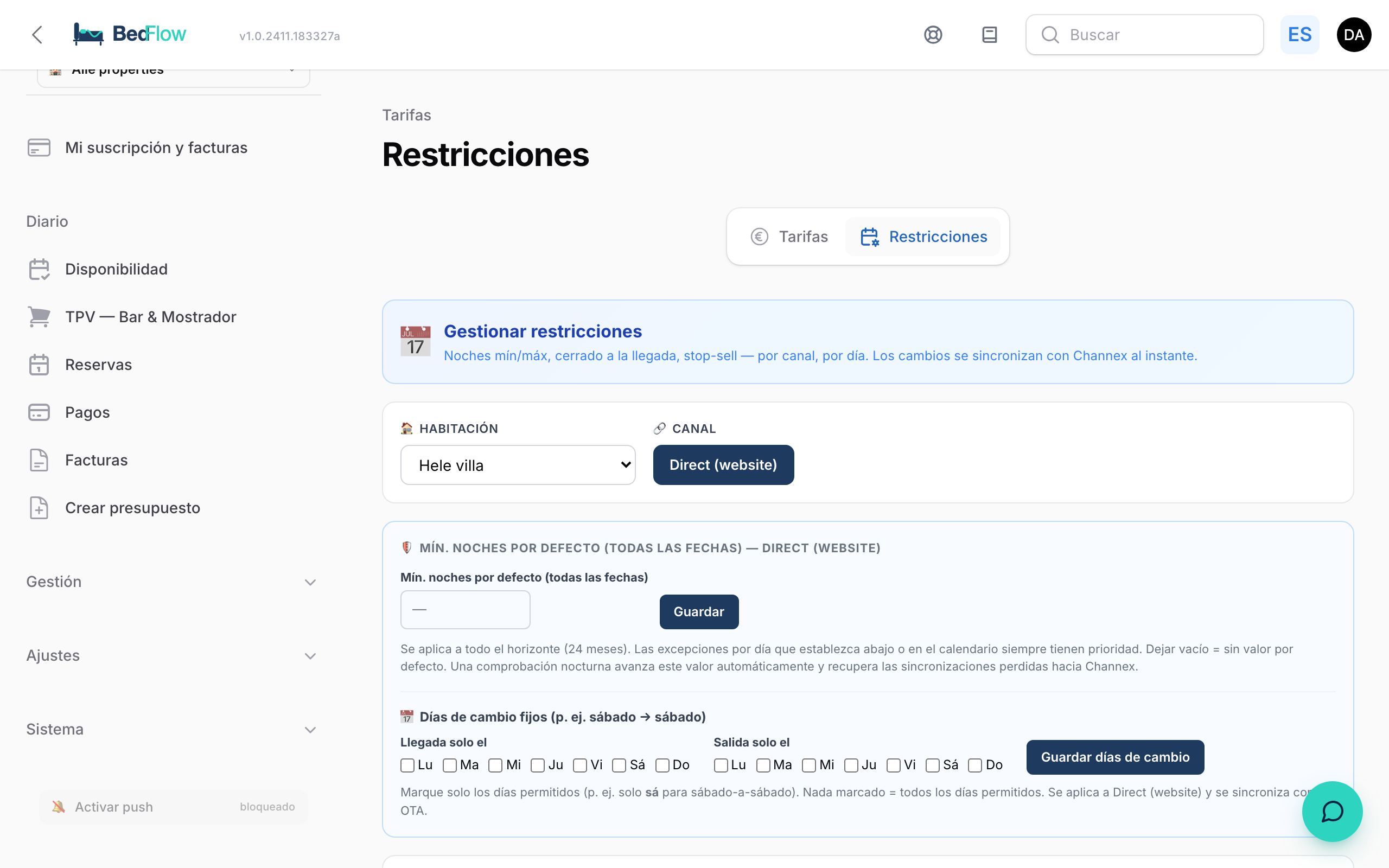 El bloque de días de cambio fijos en la página de Restricciones