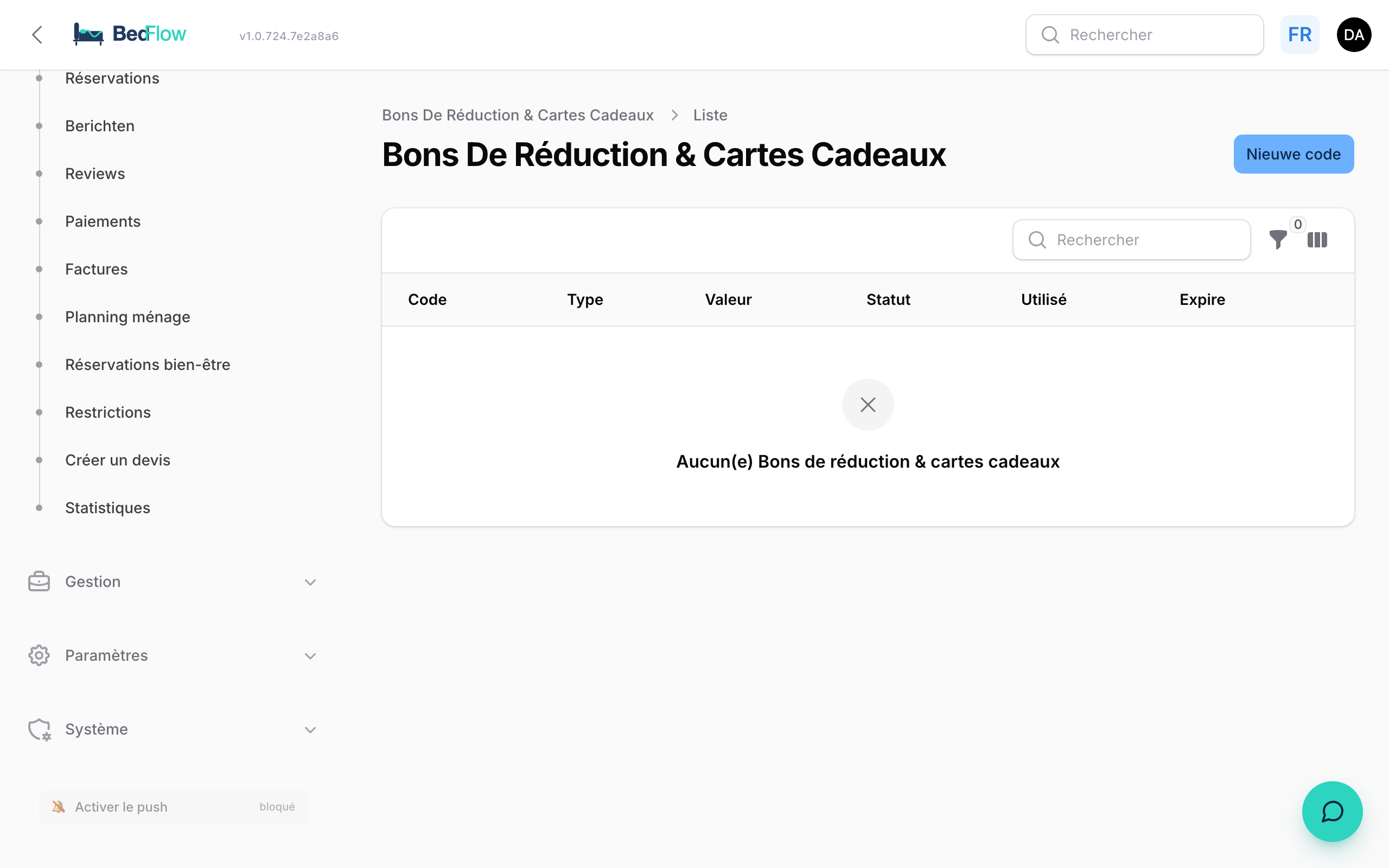 Liste des bons cadeaux avec statut et solde restant