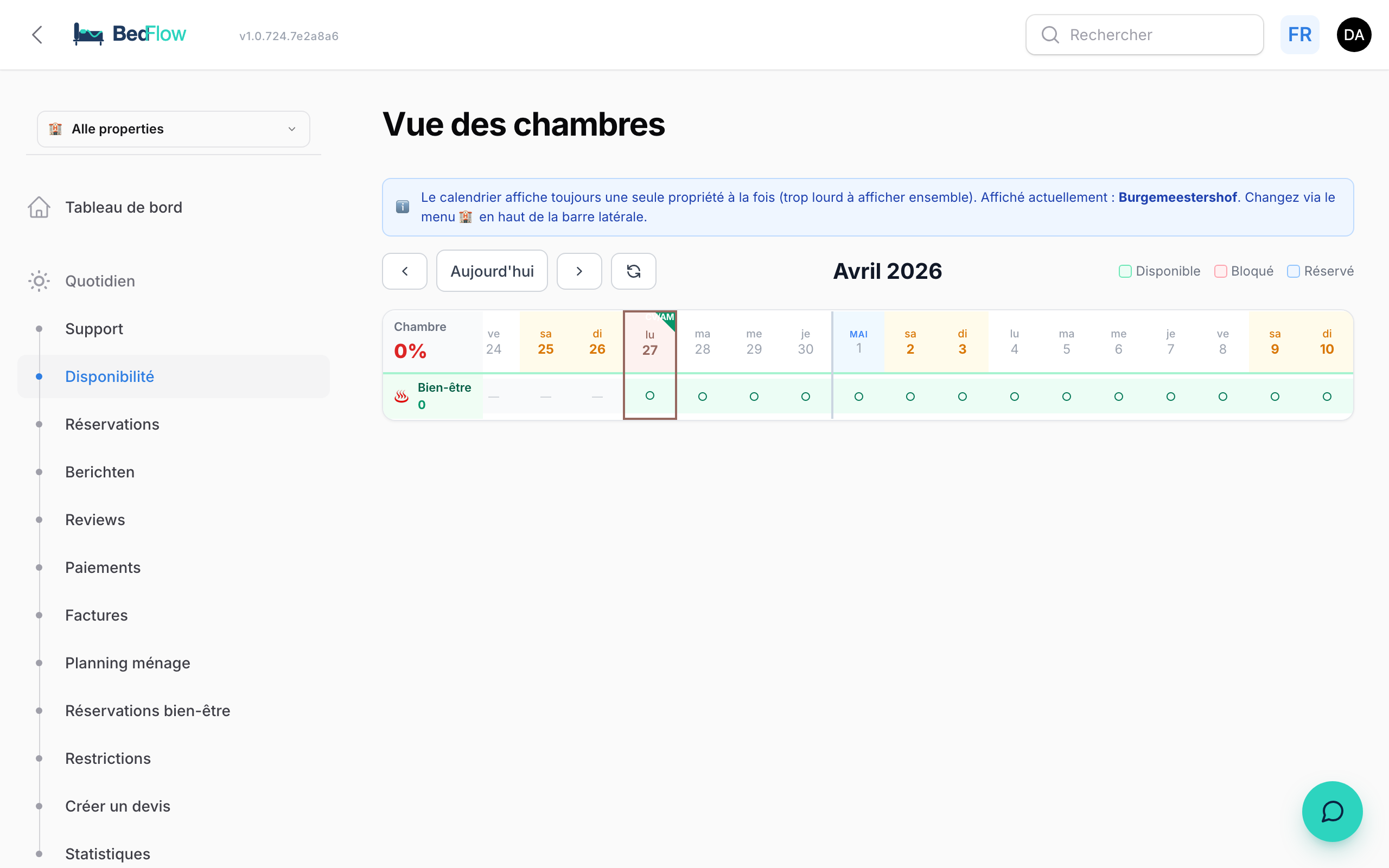 Vue chambres — calendrier mensuel chambres × dates