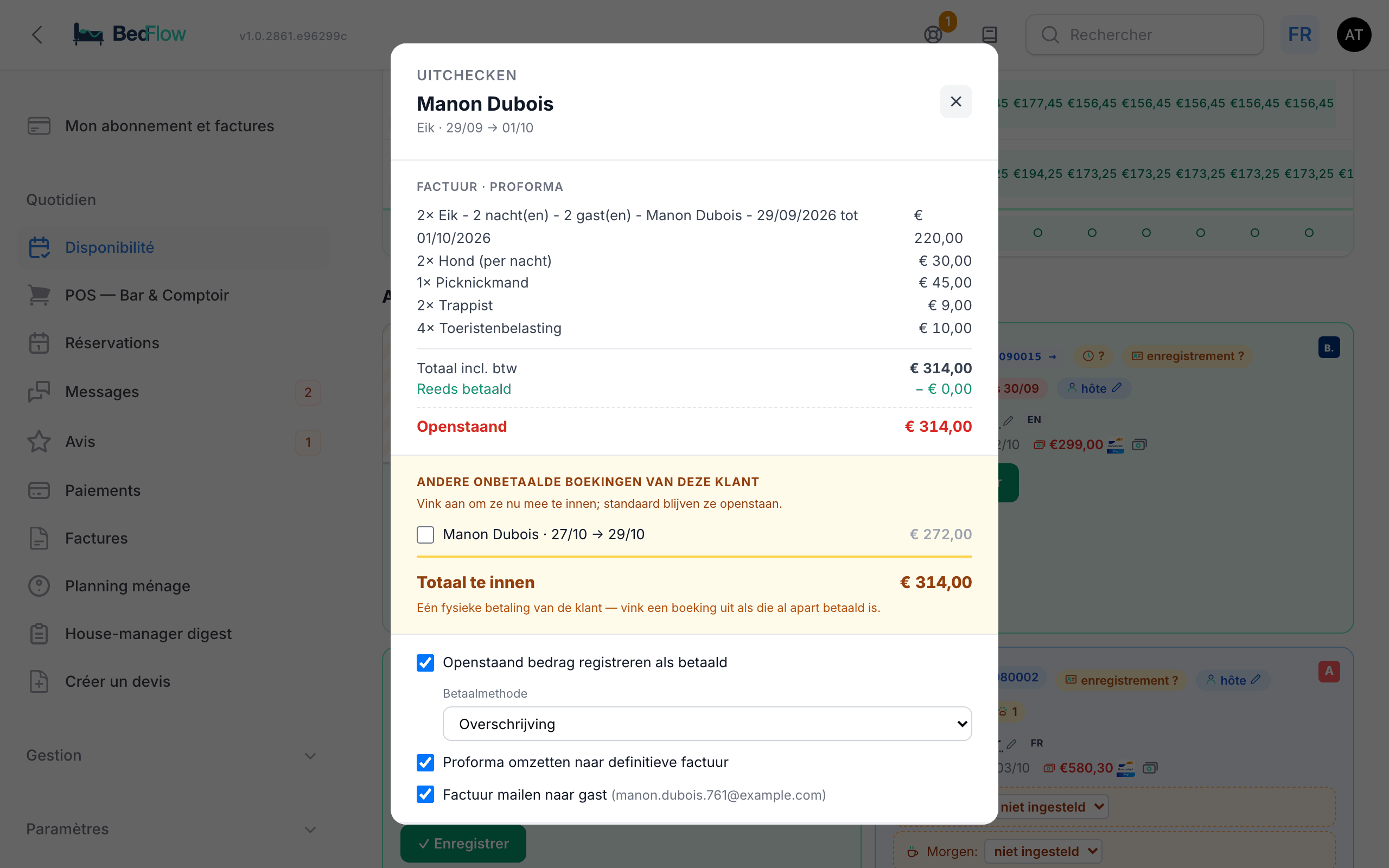 La fenêtre de check-out avec la facture, le montant restant dû, le mode de paiement et les cases à cocher
