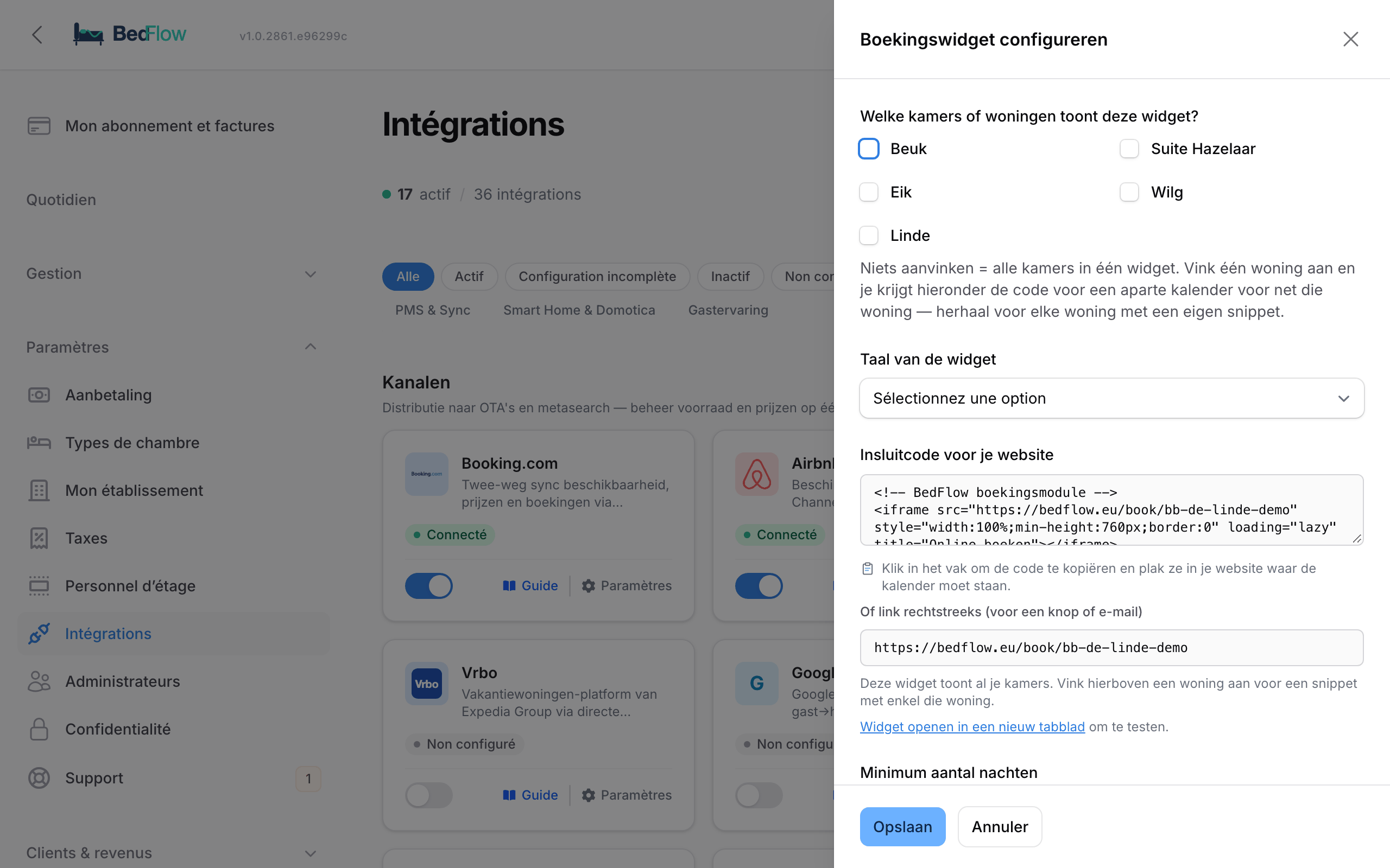 La fenêtre de configuration du widget de réservation avec les chambres, la langue, le code d'intégration et les limites de réservation