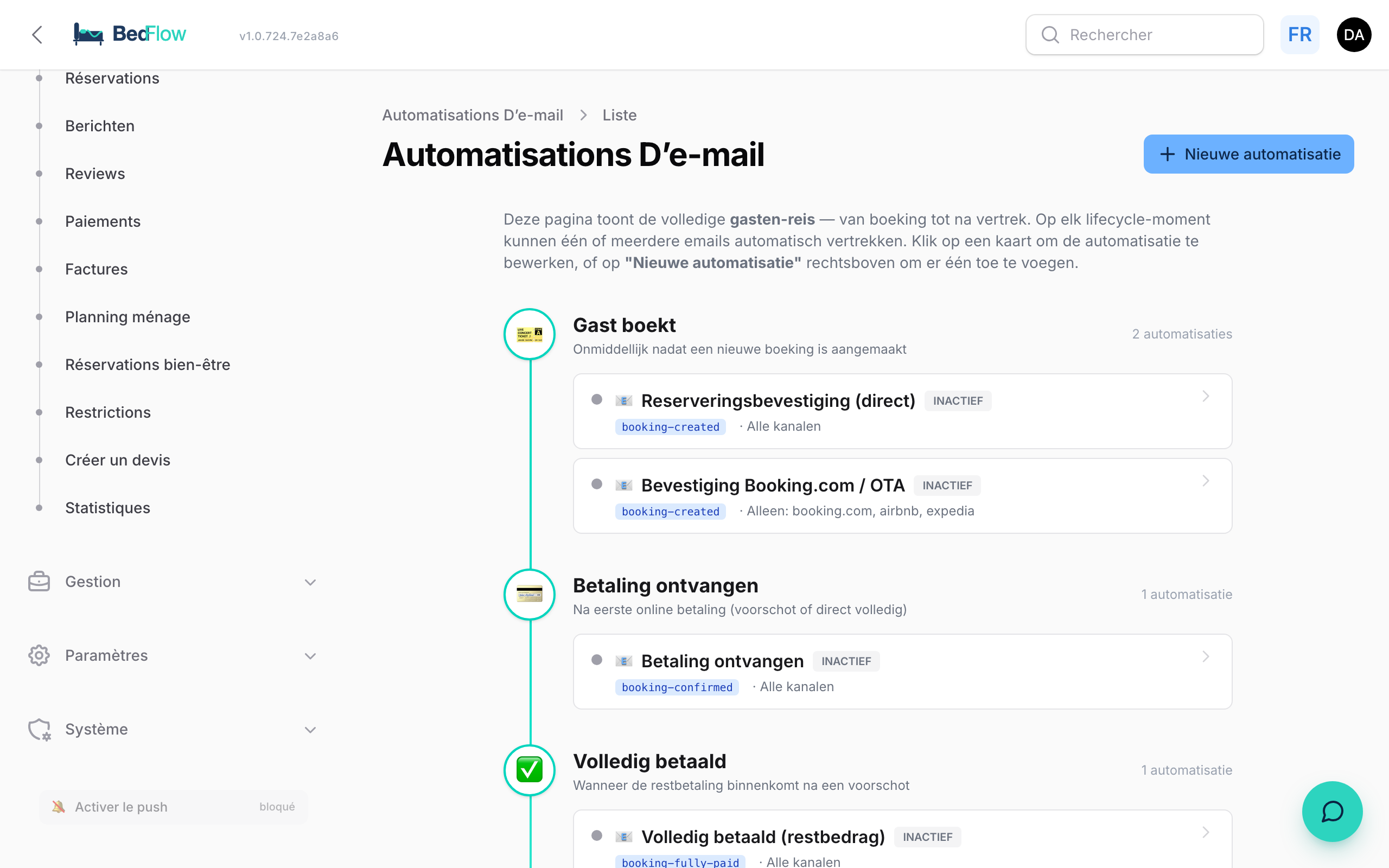Liste des automatisations e-mail avec déclencheurs et filtres canaux