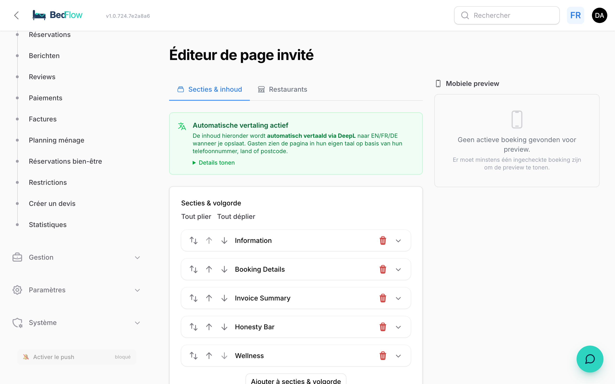 Éditeur de la page client avec sections de contenu par langue