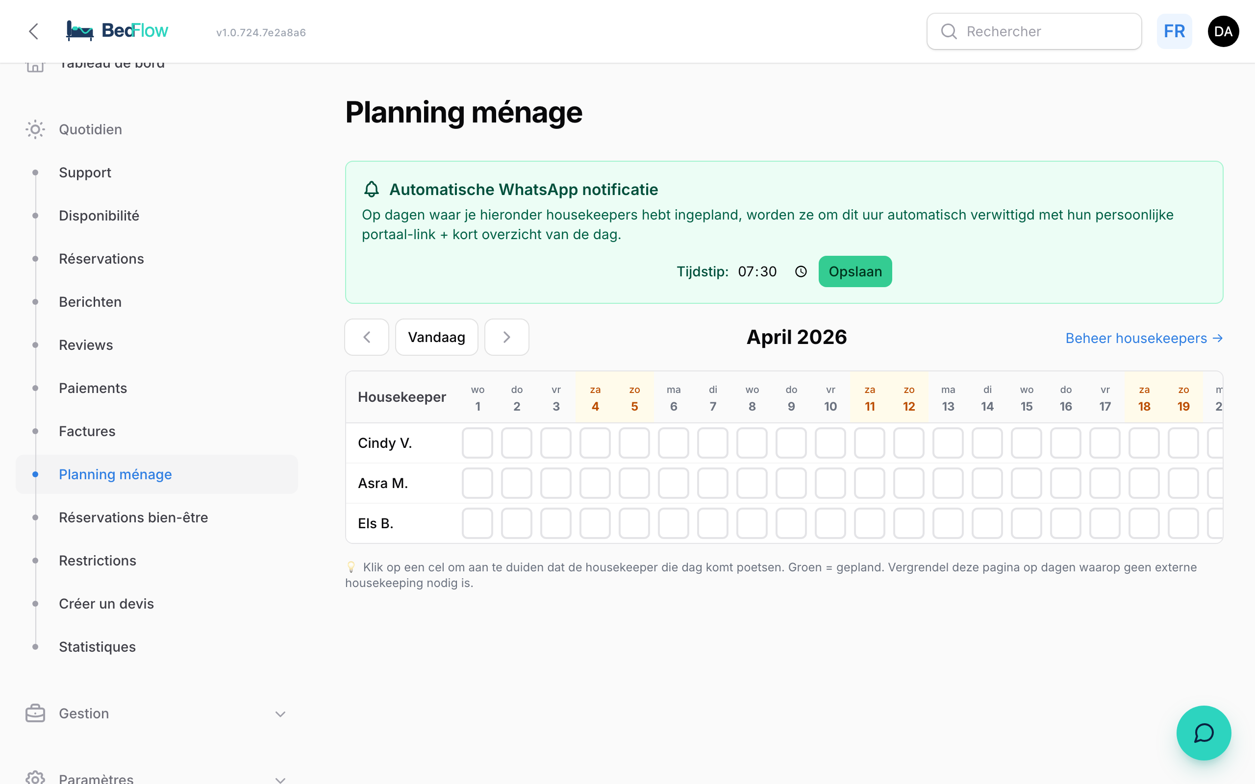 Calendrier planning housekeeping avec jours travaillés par personne