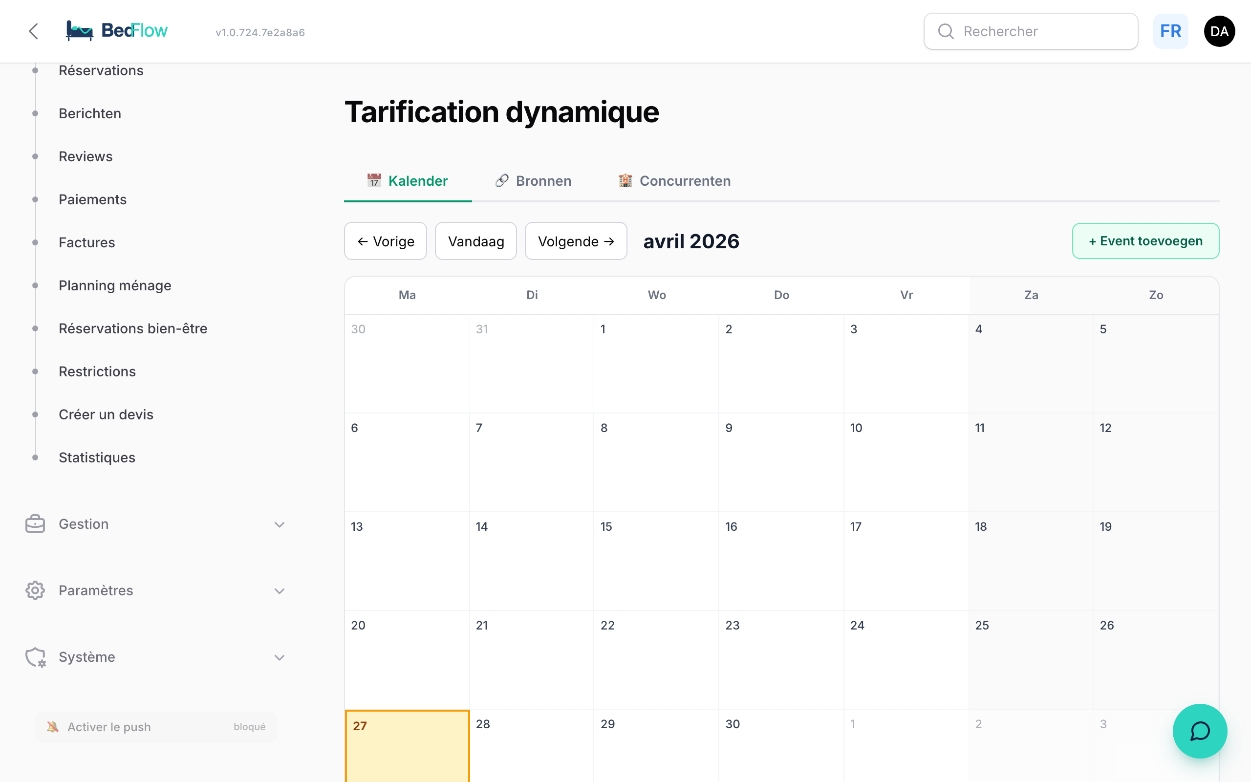 Tableau de bord Conseils tarifaires avec événements et prix concurrents