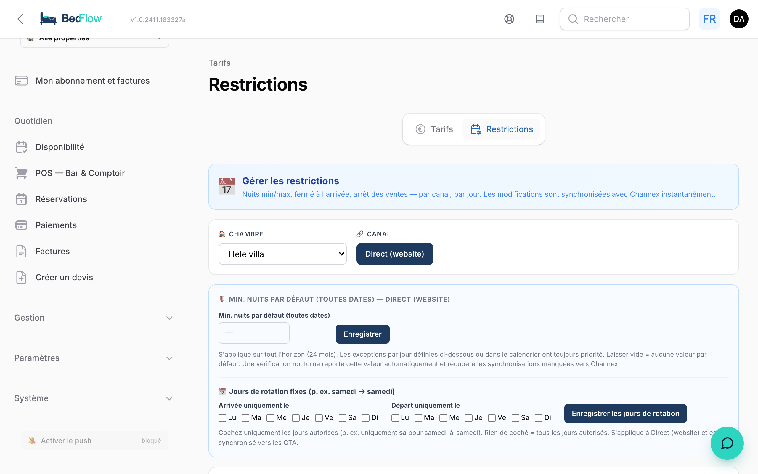 Le bloc des jours de rotation fixes sur la page Restrictions