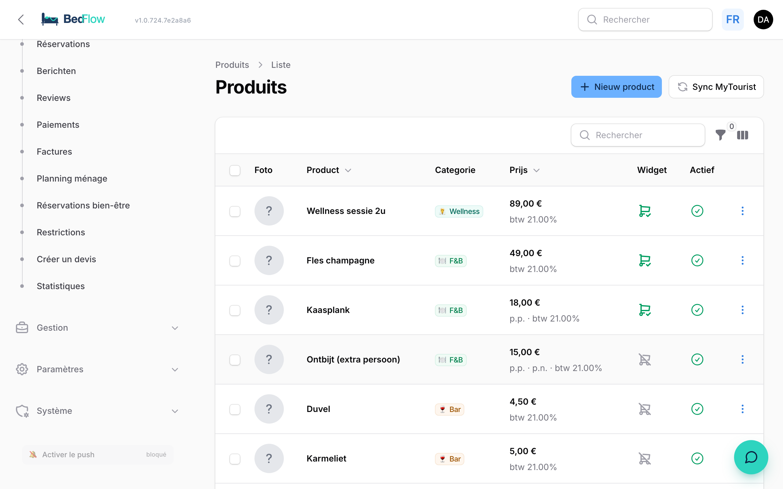 Liste des produits avec catégories, prix et TVA