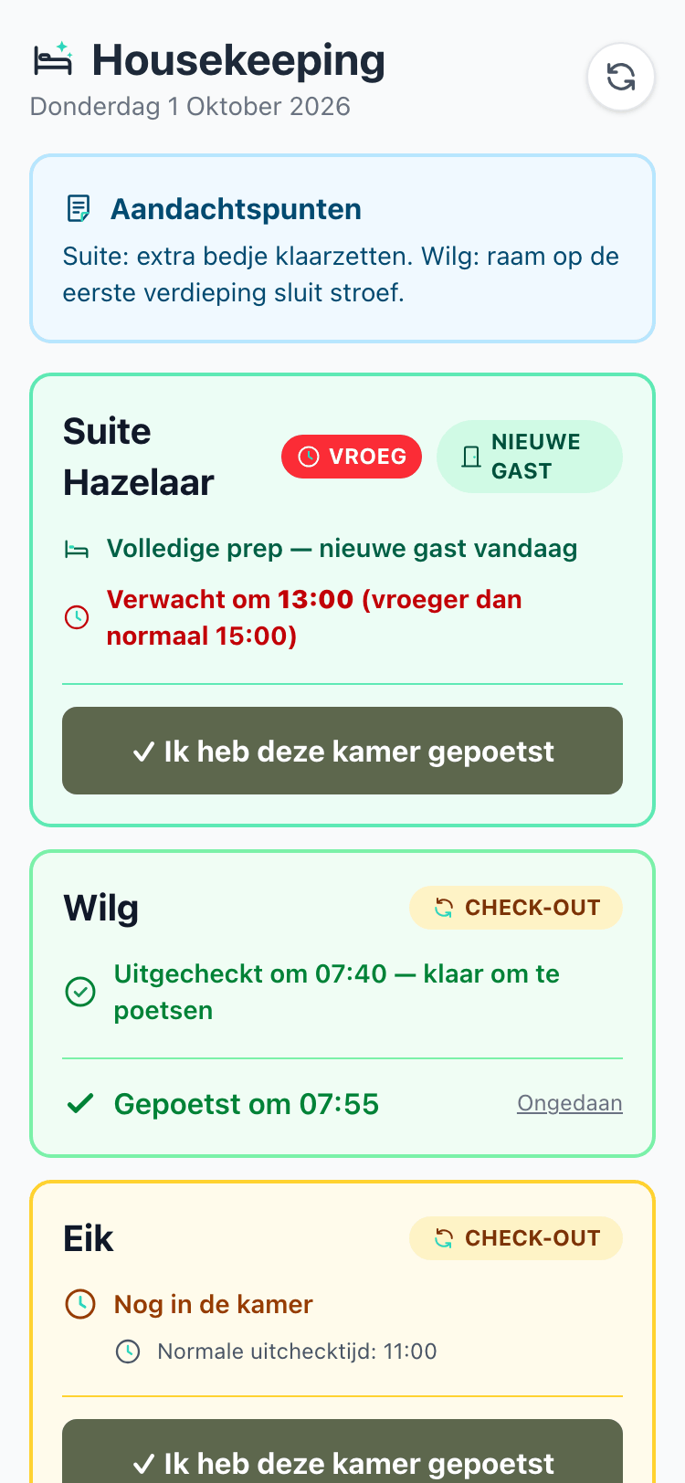 Het housekeeper-portaal op een telefoon, met een kaart per kamer