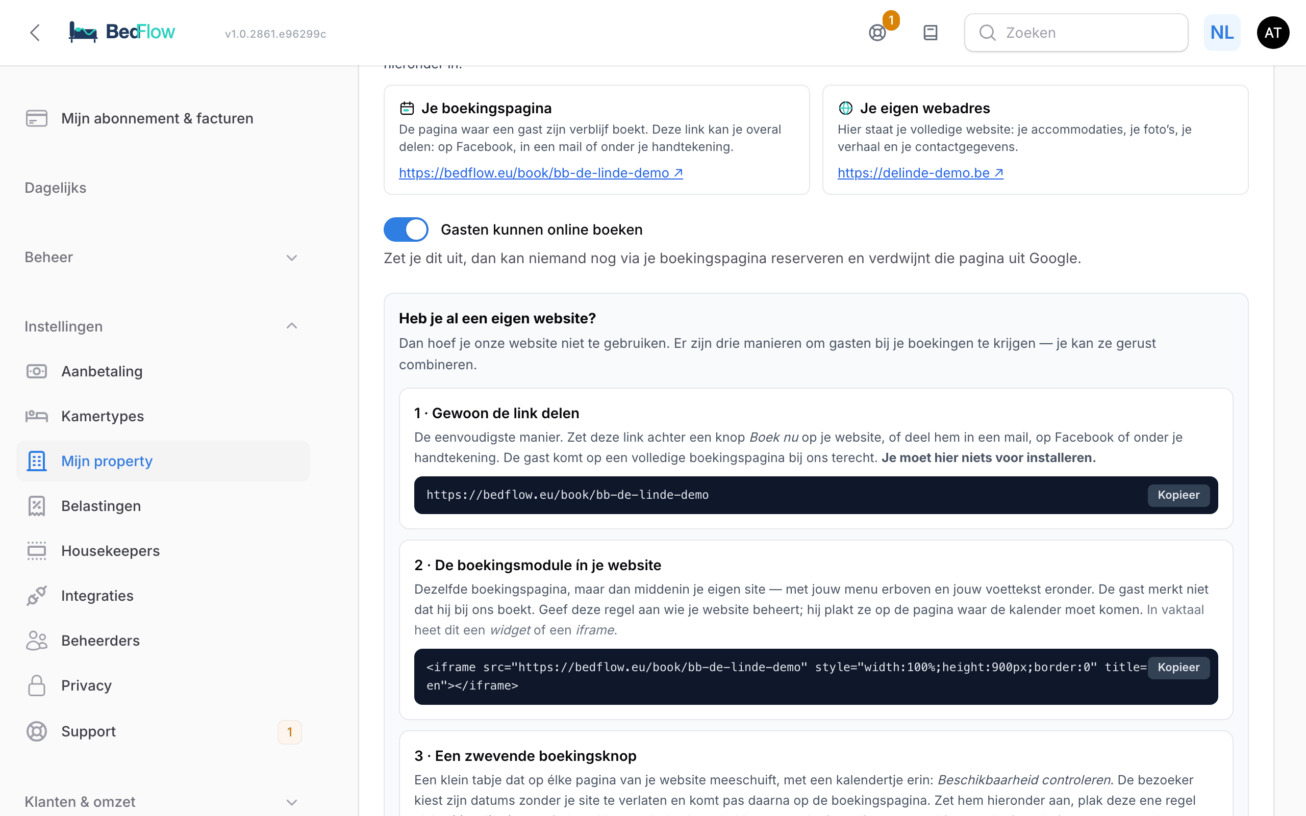 De sectie Website & boekingspagina met de DNS-regels en de checklist