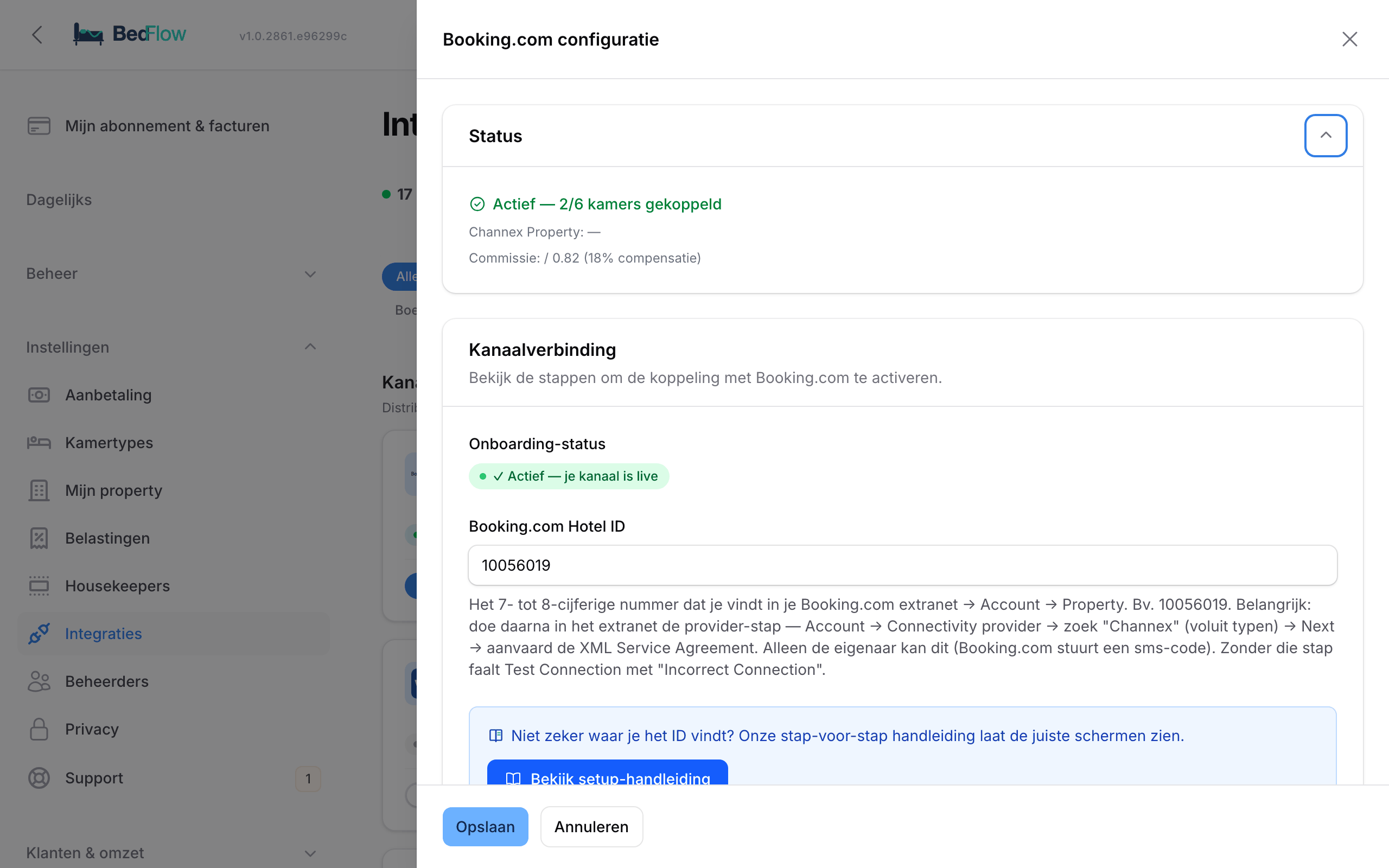 Het venster van een kanaal met de onboarding-status en de knop Kamers mappen