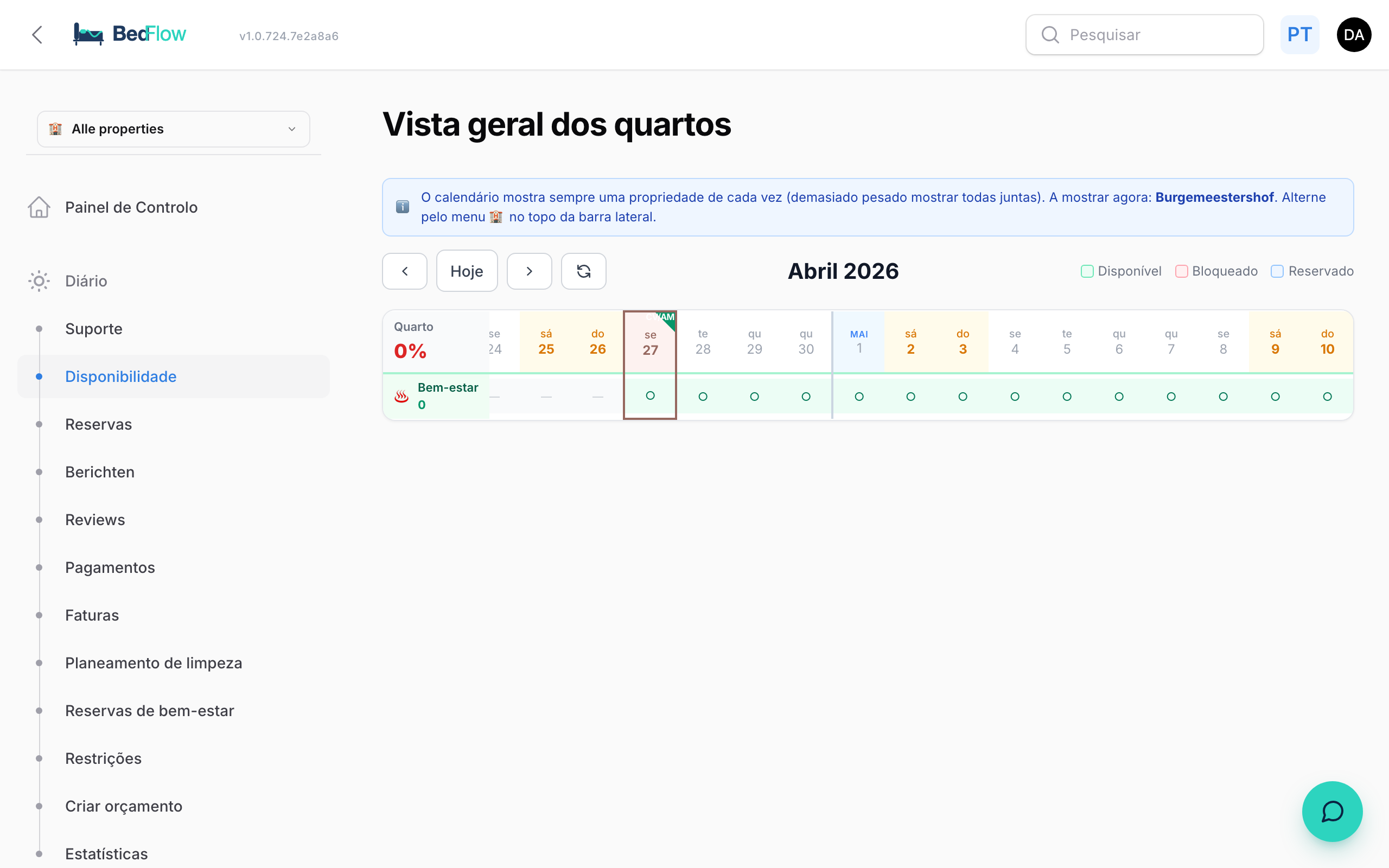 Visão geral dos quartos — página inicial após o início de sessão