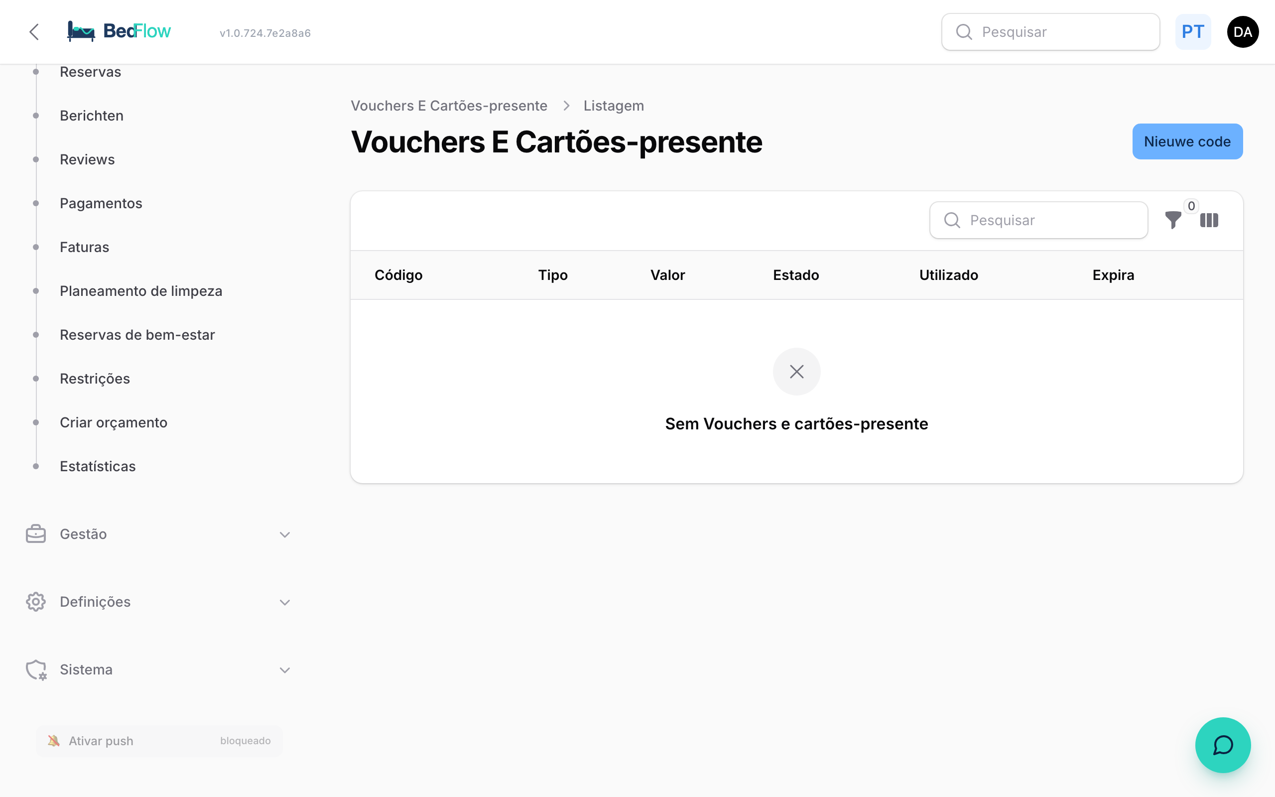 Lista de vales com estado e saldo restante