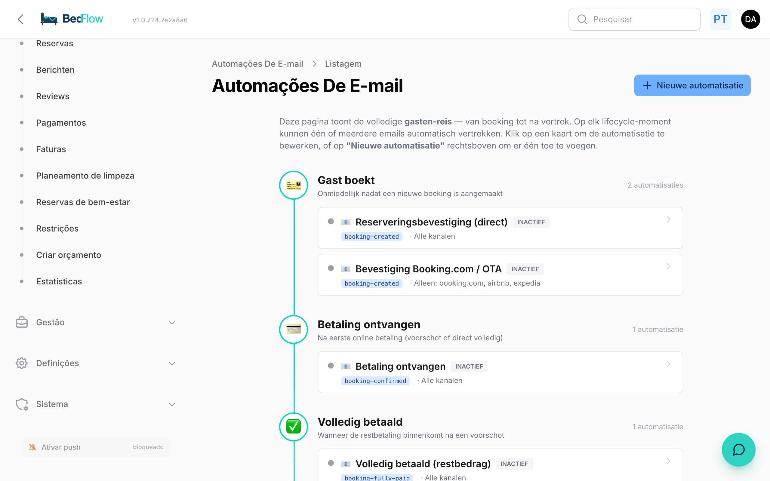 Lista de automatizações de e-mail com triggers e filtros de canal
