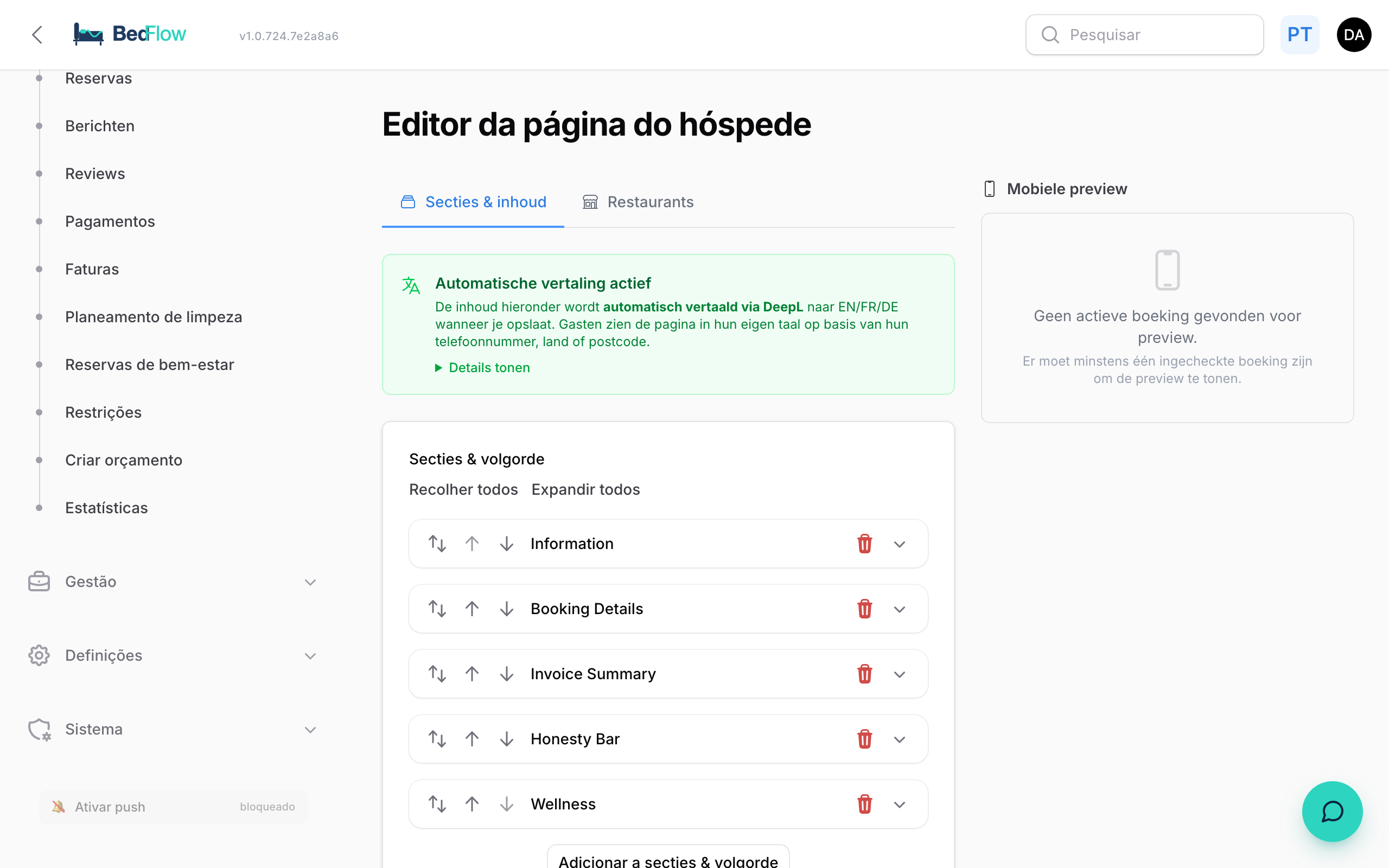 O editor da Página do hóspede com secções de conteúdo por idioma