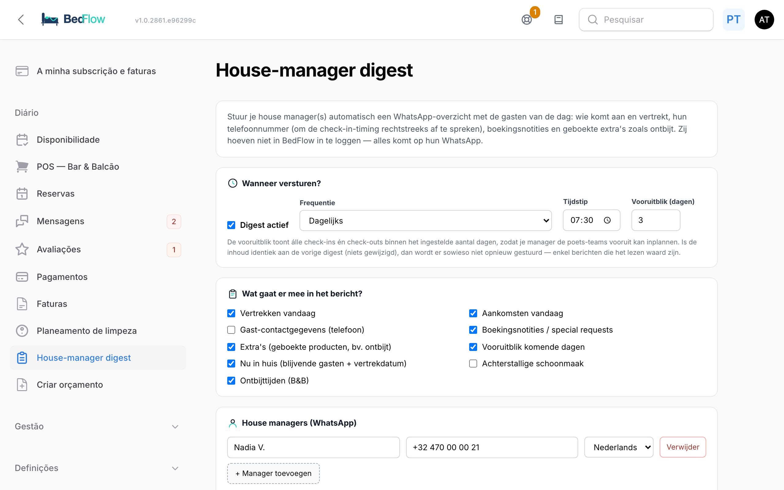 A página Resumo do house manager com hora, secções e gestores