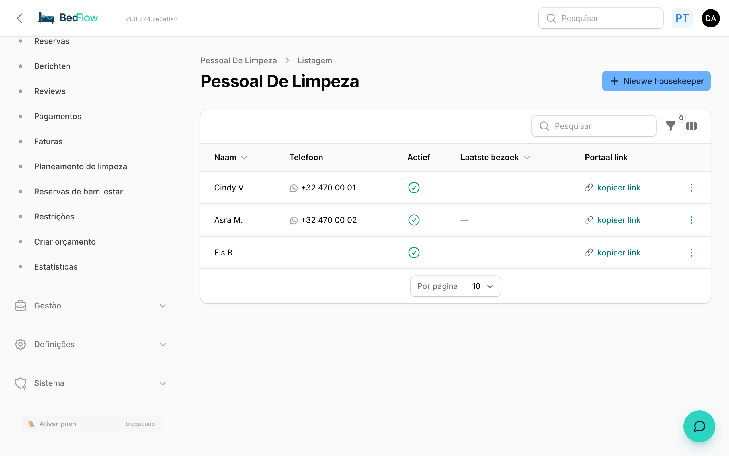 Lista de housekeepers com nome, telefone e estado